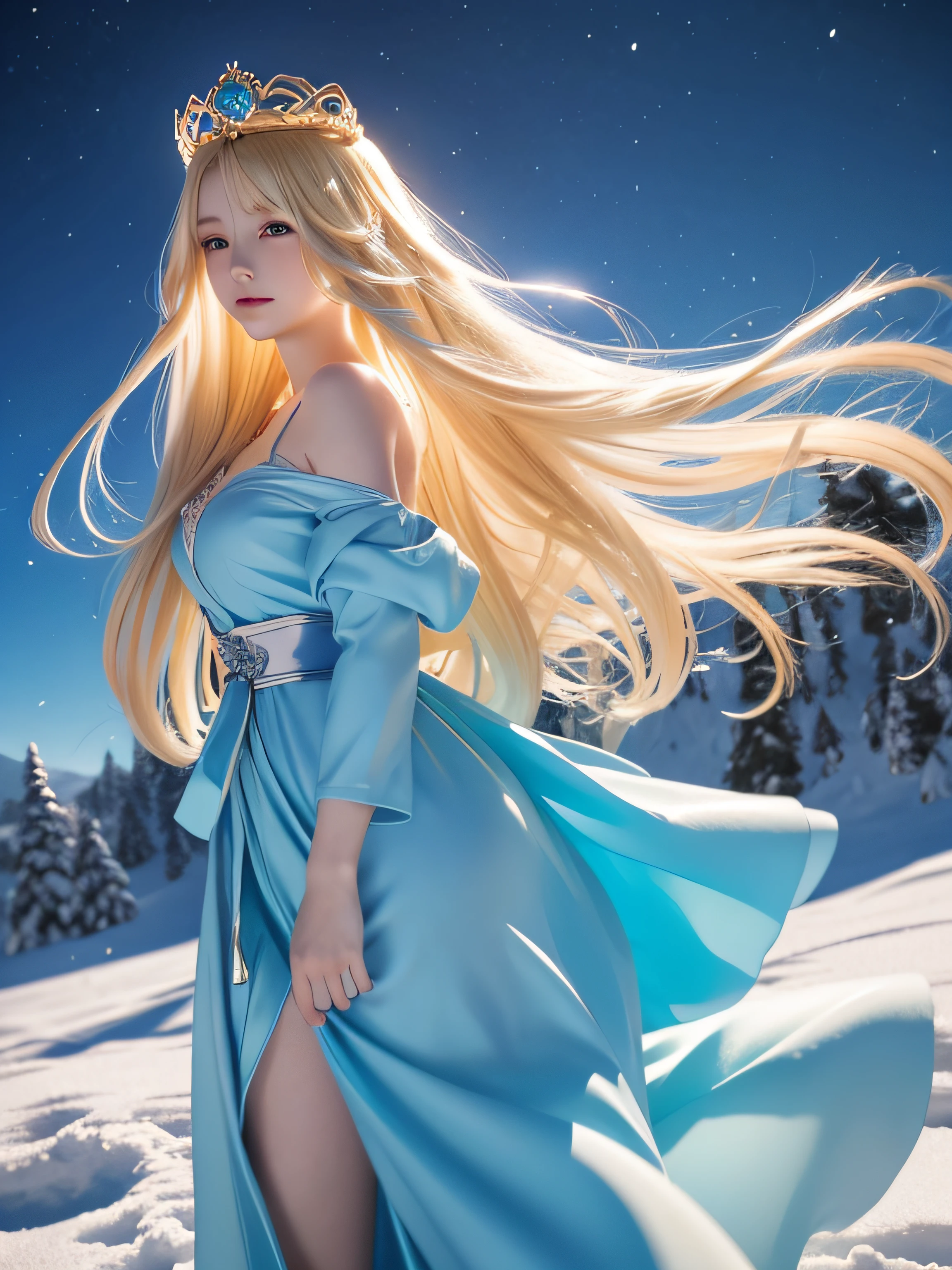 Top image quality、16k、Anime girl with long blonde hair and blue dress in the snow, Blonde God, Blonde floating in the air, anime fantasy illustration, Flowing blonde hair, beautiful young wind spirit, beautiful fantasy anime, glowing flowing hair, ethereal anime, beautiful anime artwork, beautiful digital works of art, anime fantasy artwork, ((a beautiful fantasy empress)), 2. 5 d cgi anime fantasy artwork