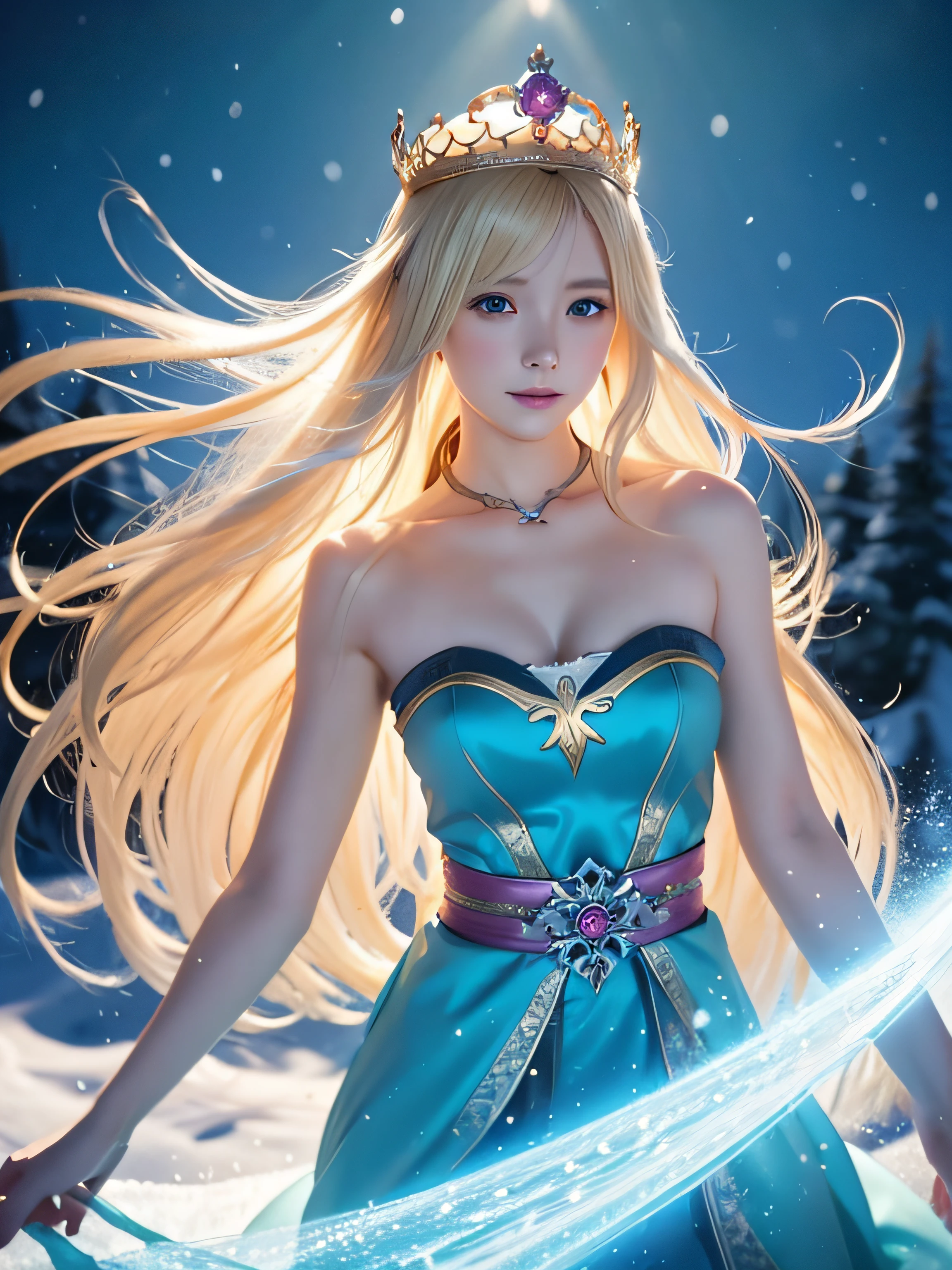 Top image quality、16k、Anime girl with long blonde hair and blue dress in the snow, Blonde God, Blonde floating in the air, anime fantasy illustration, Flowing blonde hair, beautiful young wind spirit, beautiful fantasy anime, glowing flowing hair, ethereal anime, beautiful anime artwork, beautiful digital works of art, anime fantasy artwork, ((a beautiful fantasy empress)), 2. 5 d cgi anime fantasy artwork