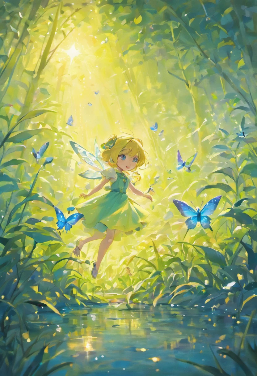 In this marvelous work of art, a whimsical and endearing scene comes to life. At the center, a captivating macro photograph captures the heartwarming sight of a tiny, adorable fairy joyously playing with a butterfly . The vibrant grass, adorned with dew drops, creates a picturesque backdrop that exudes the essence of fall. Rich and warm lights illuminate the scene, casting a magical aura over the tiny creatures and their surroundings. With meticulous attention to detail, this high-quality photograph is a visual treat that radiates charm, inviting viewers to immerse themselves in its delightful atmosphere. Surrealist art