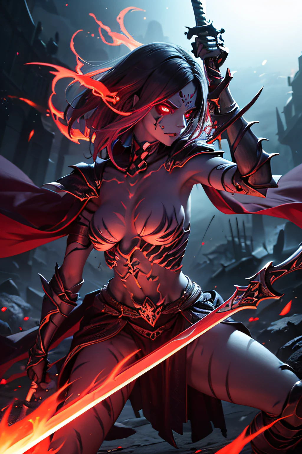 girl, skeleton warrior, evil look, sexi, wielding a sword, skeleton armor, facepaint, bodypaint, red glowing eyes, combat stance, vibrant appearance, creative behavior, imaginative, sensual, spontaneous, highest quality, skin texture, intricate details, (cinematic lighting), RAW photo, 8k