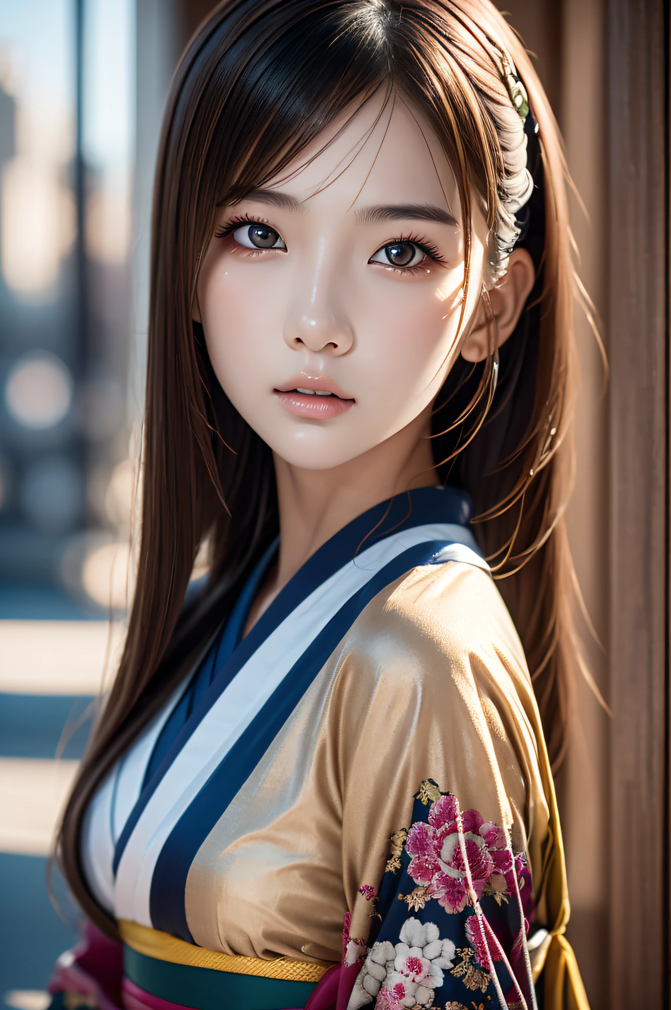 of the highest quality, masutepiece, 超A high resolution, (Photorealistic: ), 1girl in (((Best Quality))), masutepiece,intricate detailes, depth of fields,Highest Quality,Extremely detailed,hight resolution,4K,超A high resolution,detailed shadow,A hyper-realistic,Realistic,Dramatic Lighting,1girl in,Solo,Detailed face,Detailed eye,Realistic skin,The upper part of the body、japanes、Beautuful Women、Kang-shan-hsien,Kimono