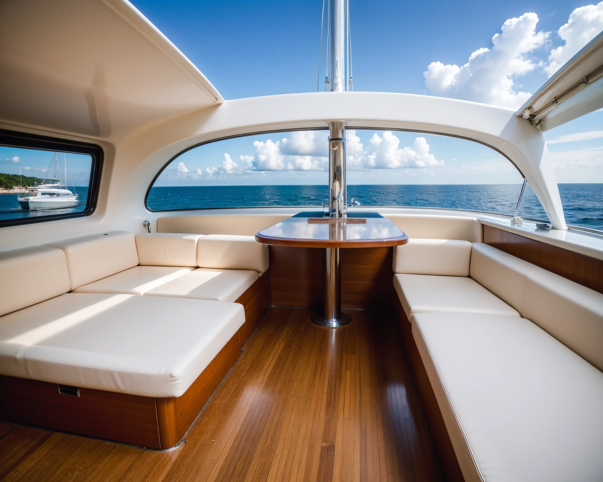 Yacht air conditioning, Relaxing on a yacht at sea, Original and clean design,, set sail, accurately detailed,clean and pristine design, shutter inventory, over the sea, sail boat on the background,The roof of the boat is air-conditioned,Overhead air conditioning