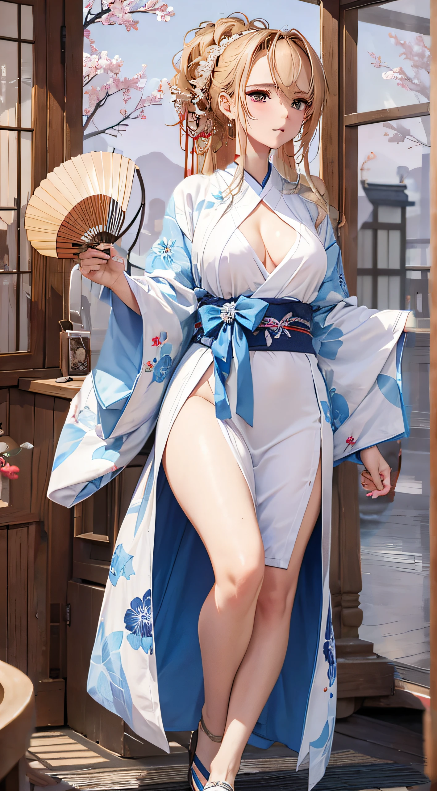 Best quality, masterpiece, high resolution, (perfect body shape), 1girl, detailed face, white hair, thick waist, thick thighs, wearing kimono_clothes