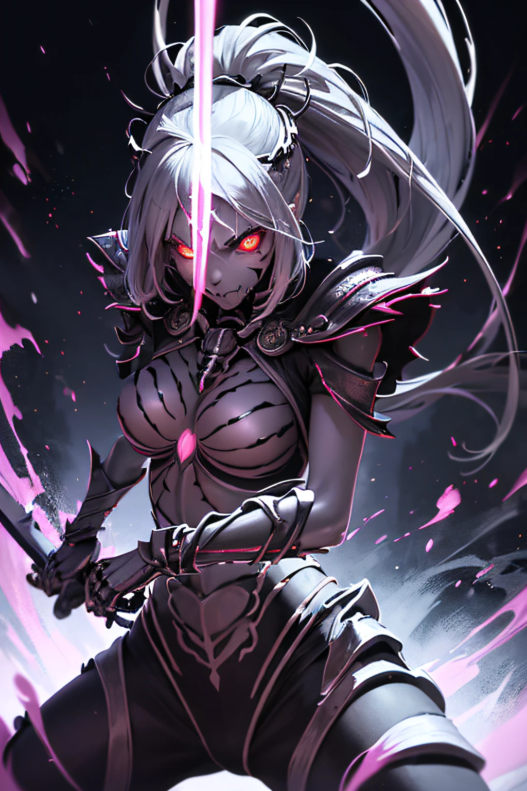 girl, skeleton warrior, evil look, sexi, wielding a sword, skeleton armor, facepaint, bodypaint, red glowing eyes, combat stance, vibrant appearance, creative behavior, imaginative, sensual, spontaneous, highest quality, skin texture, intricate details, (cinematic lighting), RAW photo, 8k
