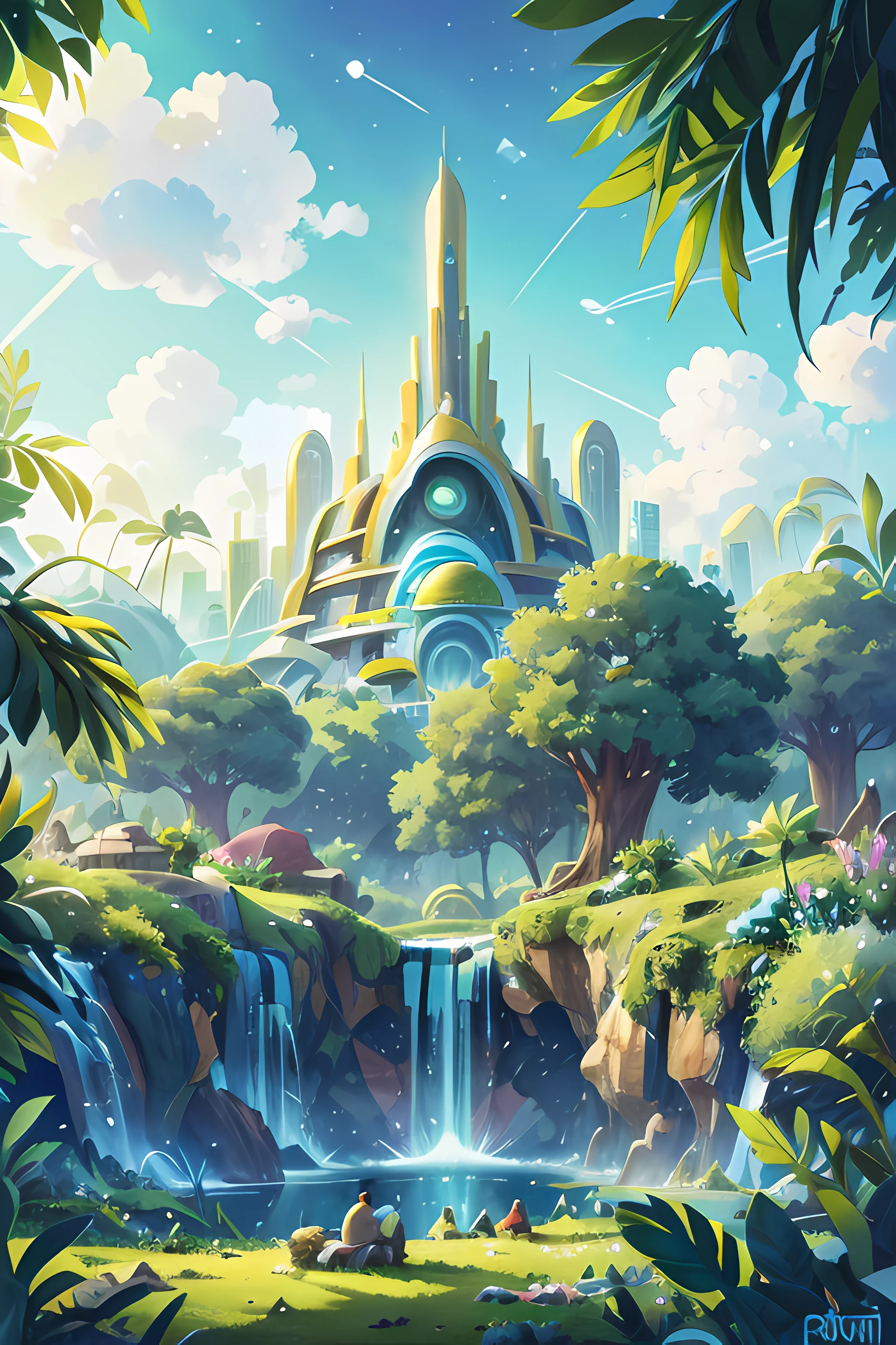 city futurist where very green please the architect style natural place like egipt but not piramit there, the sky can see cloud white and blue colorful, the galaxy and planet I can se in the background.