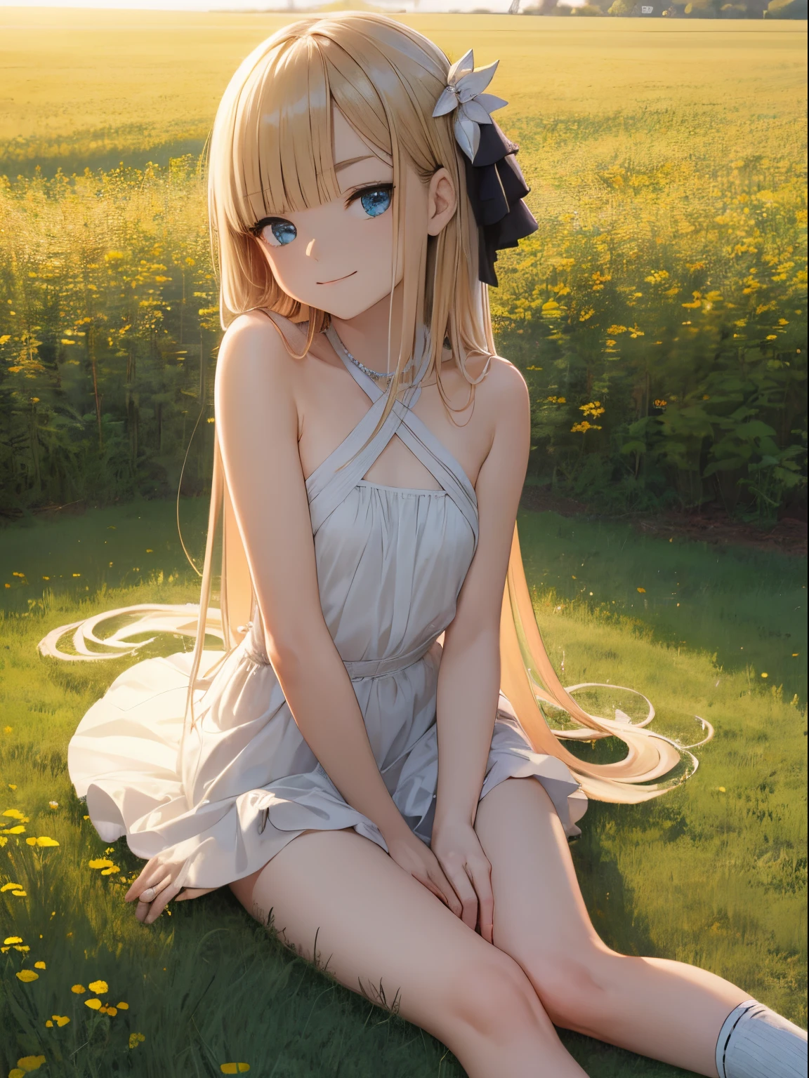 Reines, 1girl, high quality, best quality, illustration, masterpiece, (highly detailed:1.2), (extremely detailed:1.3), flat chest, backless, sleeveless, halter neck top, petite, ****, in a field, innocent smile, looking at viewer, full body, shoes with white socks