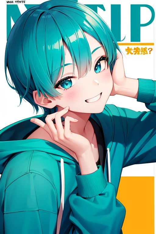 (1 boy), 独奏,teal theme,looking at the viewers,portlate,From Side,big blue green hoodie,(Happy smile),Background is magazine cover,piece sign,Solo, Blue-green hair,Blue eyes,Portrait, hands on own face, hands on own cheeks,(Eyes that shine like jewels),(long eyeslashes)