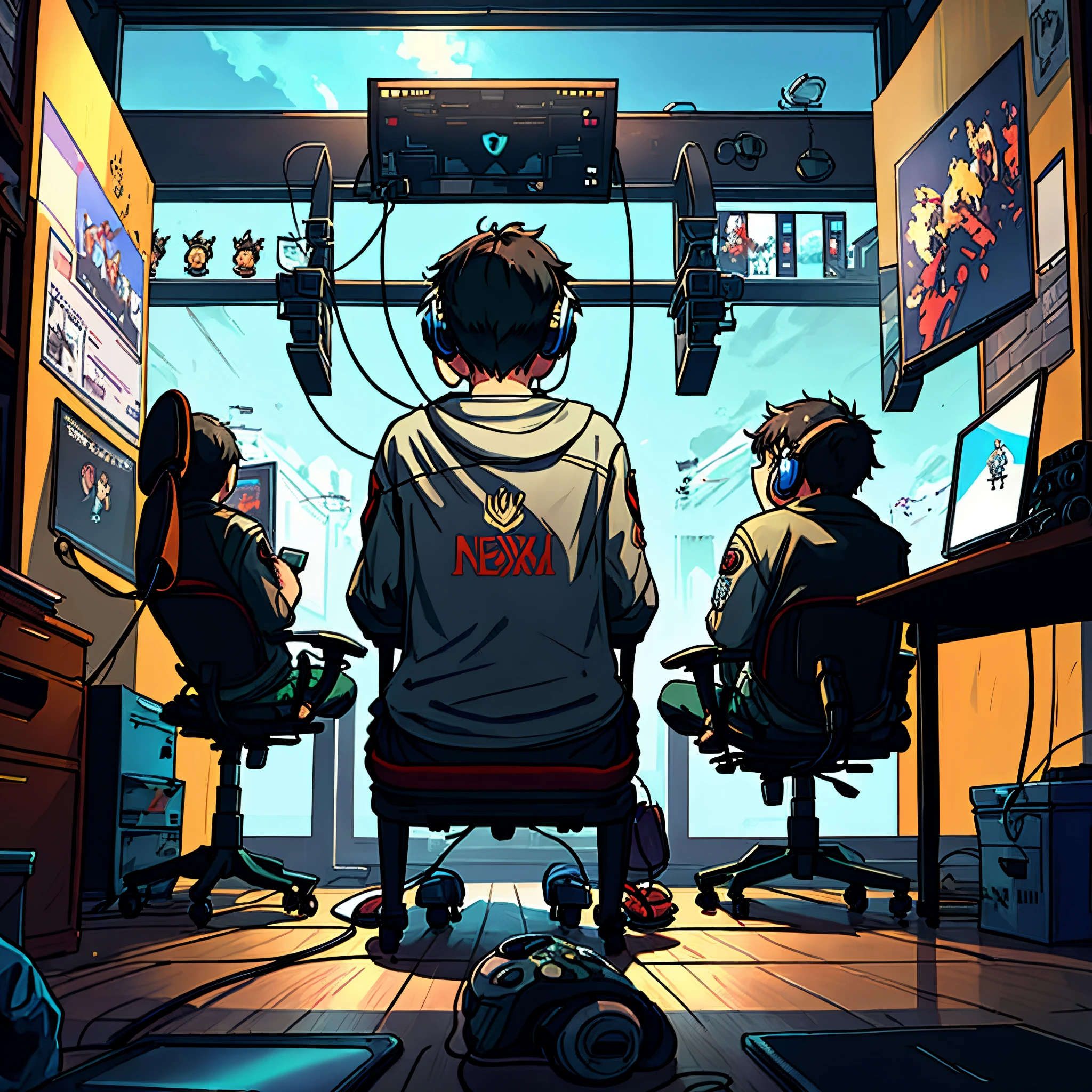 Rear view of a boy playing video games