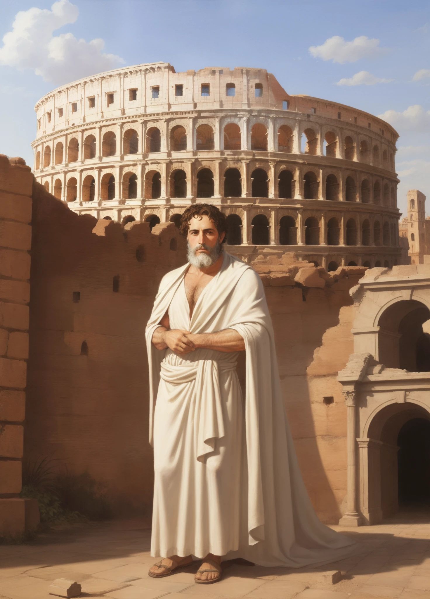 A Roman man in a white toga who is the Praetor of Rome, has brownish dark hair and a beard stubble painting style with coliseum in background