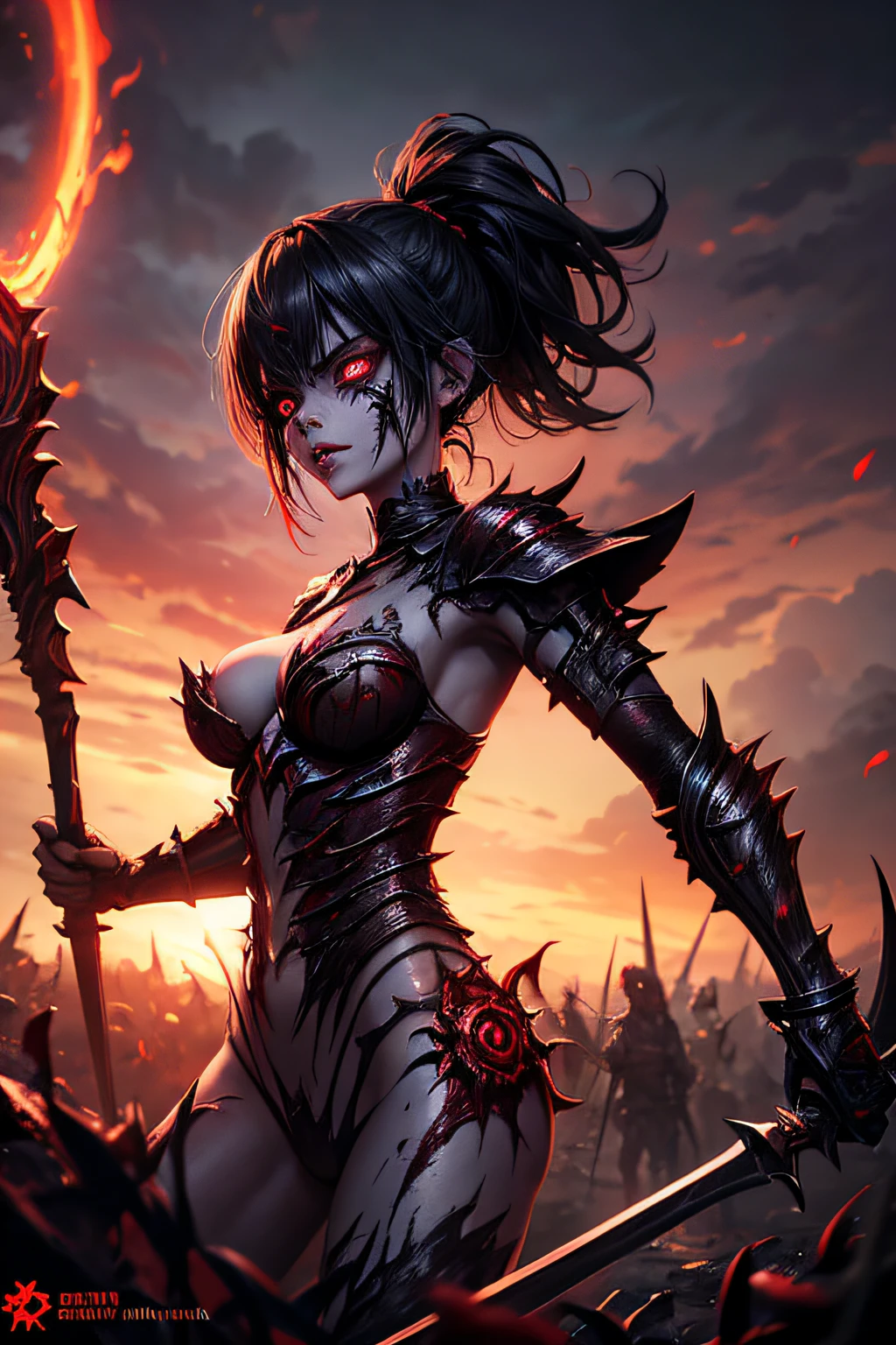 girl, rotting zombie warrior, evil look, sexi, wielding a spear, demonic armor, facepaint, bodypaint, red glowing eyes, combat stance, vibrant appearance, creative behavior, imaginative, sensual, spontaneous, highest quality, skin texture, intricate details, (cinematic lighting), RAW photo, 8k