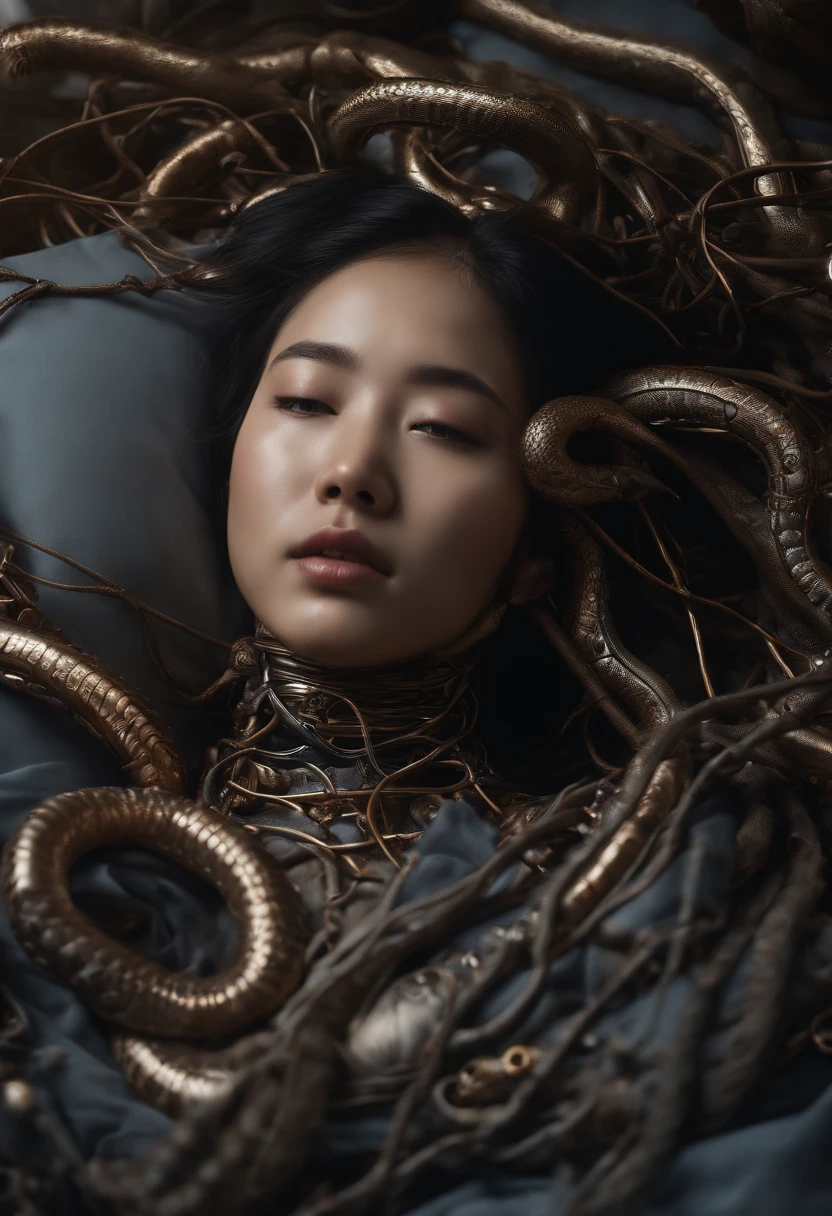 a cyborg asian girl is sleeping above a bed Covered with mechanical eels and cables, asian girl, crying expression, mechanical eels and cables around the body, many mechanical eels and cables, Fine details,Tentacled,Tied with cables,- vaginal shot,drooling,Crying,Detailed body,Full limbs,photo Raw, hyper HD, Anatomically correct, Textured skin, realistic, realism, Super detail, High details, High quality, A high resolution, 8K, hyper HD, Anatomically correct, 35mm photograph