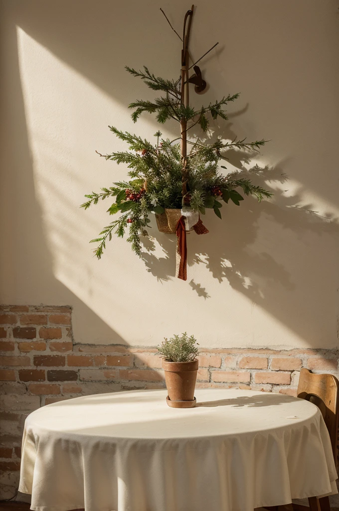 maestronoob art style, high high quality, Christmas atmosphere background, tablecloth, Texture material, eye-catching light and shadow, Clear water mold, mottled red bricks, simple green plants, Merry Christmas!
