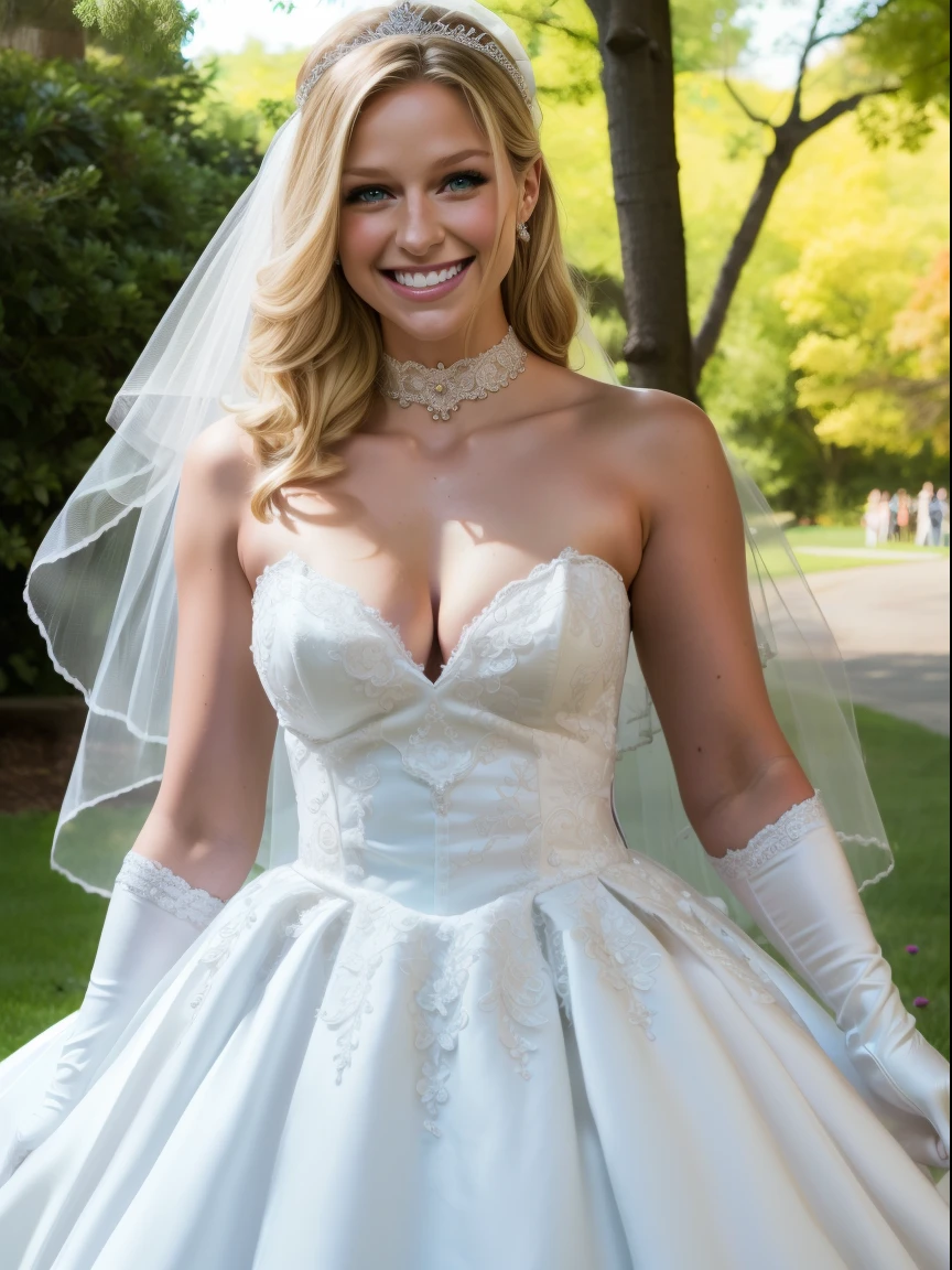 melissa benoist, a woman with long blonde hair, hair between eyes, ahoge, hair ornament, gloves, dress, cleavage, bare shoulders, collarbone, long white satin oprea gloves, white gloves, white dress, strapless, white choker, tiara, veil, strapless dress, wedding dress, bridal veil, beautiful woman, perfect body, perfect breasts, wearing a wedding dress, ball gown, in the park trees, wedding decorations, looking at the viewer, full body smile, realism, masterpiece, textured skin, super detail, high detail, high quality, best quality, 1080p,