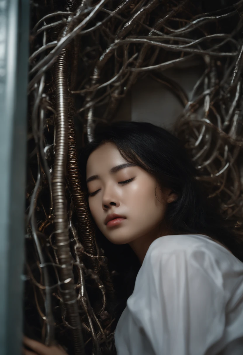 a cyborg asian girl is sleeping above a bed Covered with mechanical eels and cables, asian girl, crying expression, mechanical eels and cables around the body, many mechanical eels and cables, Fine details,Tentacled,Tied with cables,- vaginal shot,drooling,Crying,Detailed body,Full limbs,photo Raw, hyper HD, Anatomically correct, Textured skin, realistic, realism, Super detail, High details, High quality, A high resolution, 8K, hyper HD, Anatomically correct, 35mm photograph