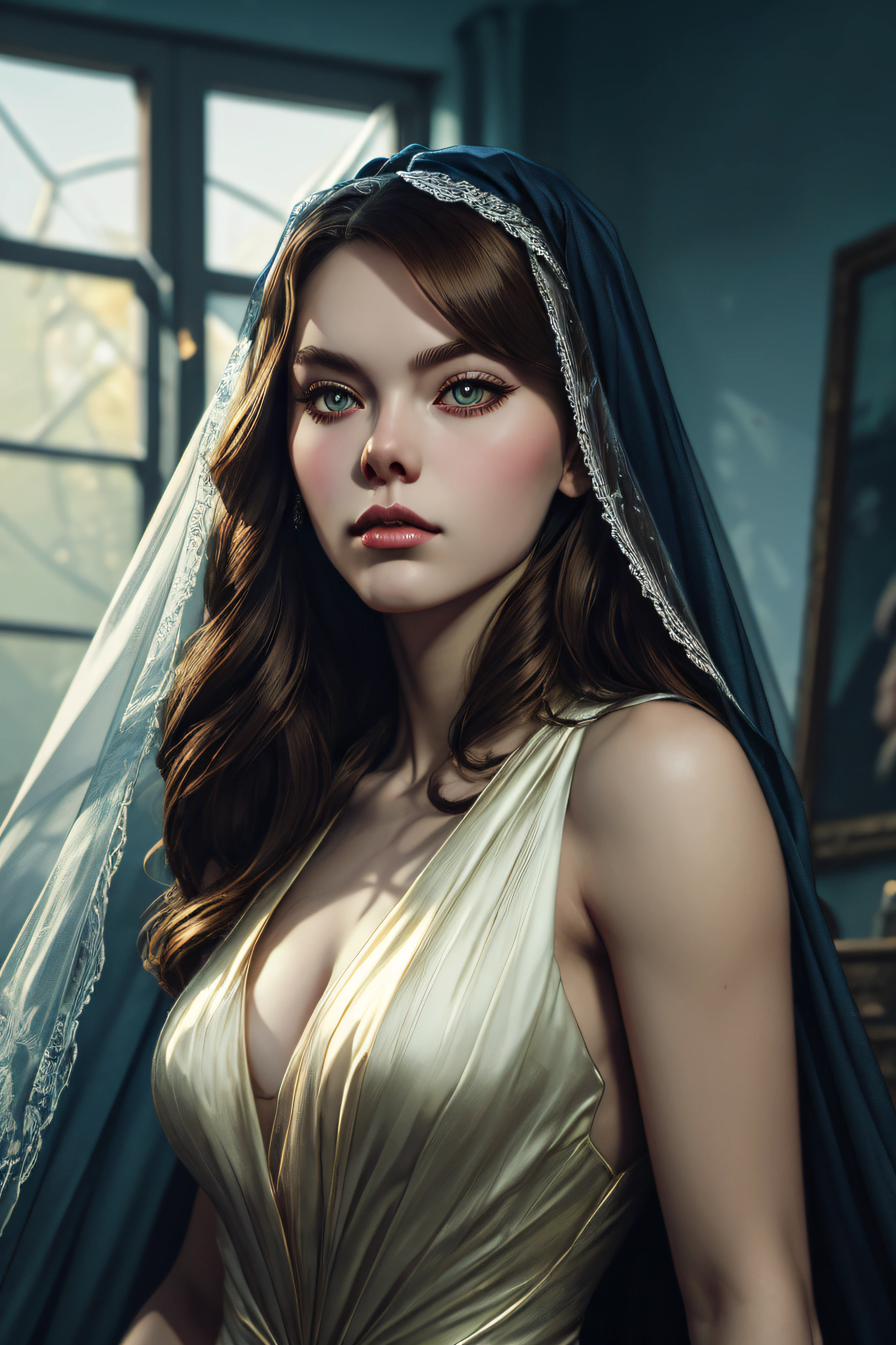 Alexis Dziena, veil bride sexy clothes , character portrait, 3 9 9 0 s, long hair, intricate, elegant, highly detailed, digital painting, artstation, concept art, smooth, sharp focus, illustration, art by wlop, charlie bowater and alexandra fomina