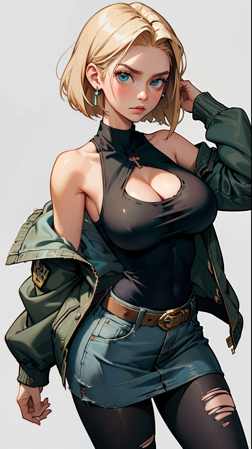 masterpiece, uncensored, tits, curvy, waifu, torn clothes, 1girl, android 18, breasts, torn shirt, torn legwear, blonde hair, skirt, jacket, torn sleeves, clothing cutout, rating:safe, solo, denim, cleavage, denim skirt, belt, shirt, long sleeves, bare shoulders, blue eyes, collarbone, off shoulder, denim jacket, green jacket, torn skirt, looking at viewer, torn pants, short hair, black shirt, medium breasts, pantyhose, belt buckle, large breasts, simple background, standing, hair intakes, open jacket, cleavage cutout, black legwear, tank top, pencil skirt, closed mouth, grey background, white background, buckle, cowboy shot, looking away, torn jacket, from above, miniskirt, black belt, open clothes, earrings, aqua eyes,(gigantic and massive tits:1.1), breasts, curvy milf, 1:2), closeup, titsnipples