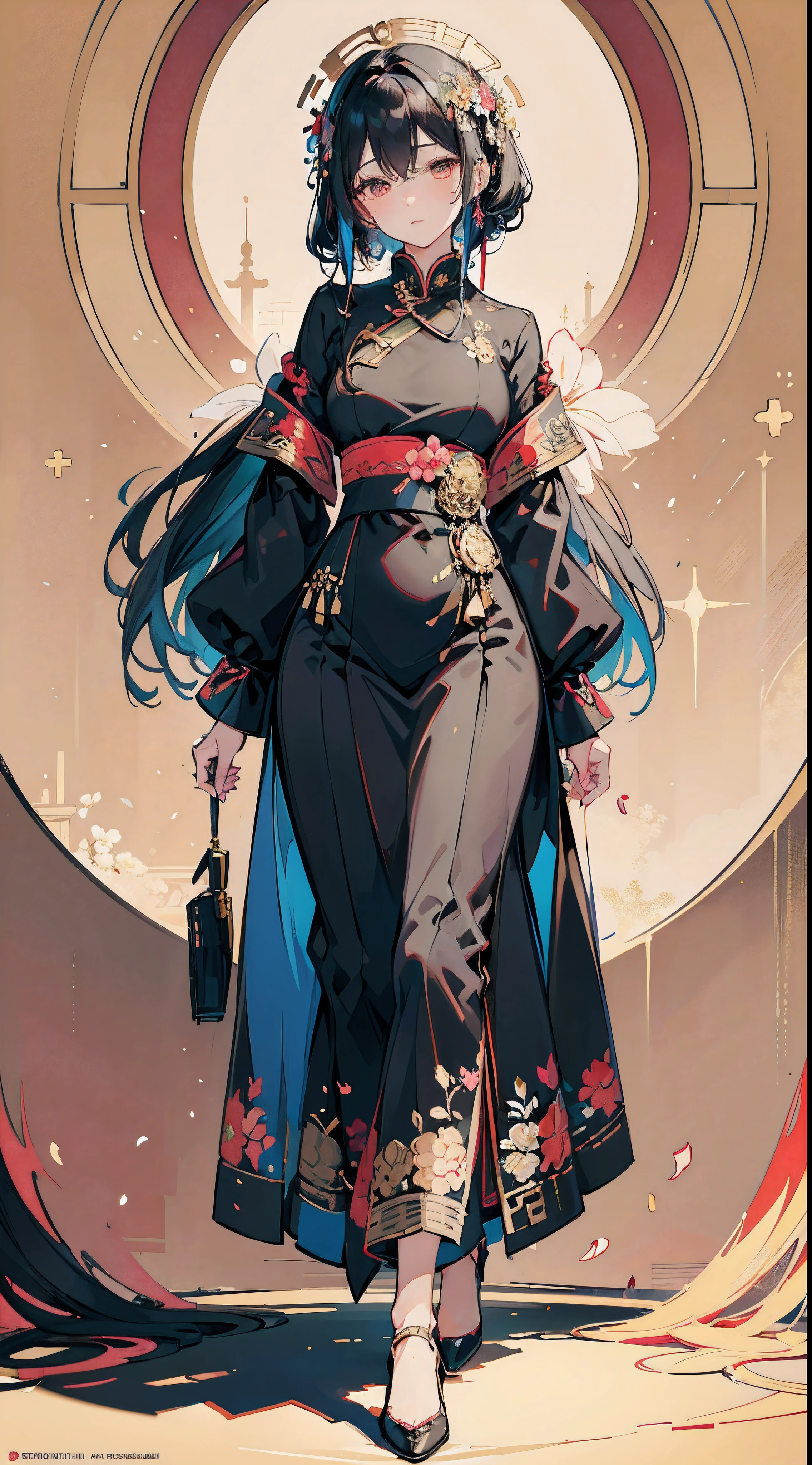 (flat color:1.1), (colorful:1.3), (masterpiece:1.2), best quality, masterpiece, original, extremely detailed wallpaper,
ancient costume, beautiful girl, qipao, black hair, flower decoration, walking ornament, luxurious clothing, fairy aura, classical, beautiful.
, masterpiece, best quality, full_body,