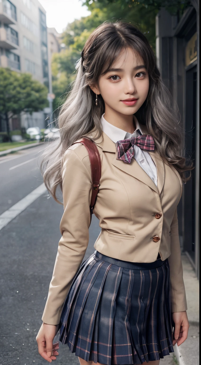 8K, masutepiece, Raw photo, Best Quality, Photorealistic, Highly detailed CG Unity 8k wallpaper, depth of fields, Cinematic Light, Lens Flare, Ray tracing, (Extremely beautiful face, Beautiful lips, Beautiful eyes), intricate detail face, ((Ultra detailed skin)) 1girl in, In the Dark, deepshadow, Pretty Korean girl, ((Looking at Viewer)), (seducting smile), (Blurry background), earrings, Bracelets, To, Clear eyes, Walk in the park, Front shot, Face forward, (Big eyes), ((Schoolgirl Uniform:1.5)), (blazers、a bow tie、Plaid pleated skirt:1.3)、(Camel toe,  shape), (Silvery head hair:1.3), (long wavy hair), (G size bust:1.3), ((Smile)), ((Camel toe)),