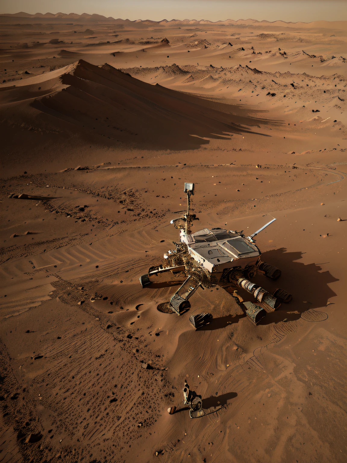 On Mars, a huge cutting-edge machine is at work. Metallic glossy texture, solar panels, astronauts distributed on the Mars ground. Bright picture, robot, starry sky, daytime, exploring vehicle details, super wide angle, bird's eye view, high realism, light and dark