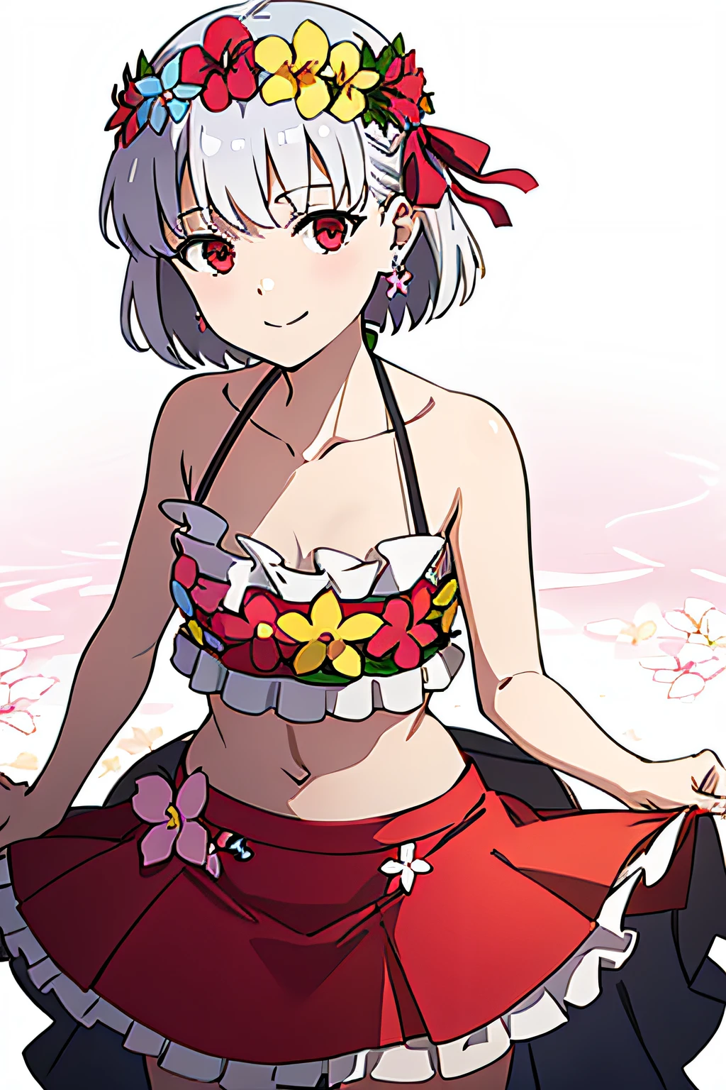 cckama, short hair, hair ribbon, flower wreath, red eyes, small breasts, flower earrings, collarbone, bare shoulders, swimsuit, miniskirt, skirt, 1girl, solo, facing viewer, looking at viewer, upper body, smile,