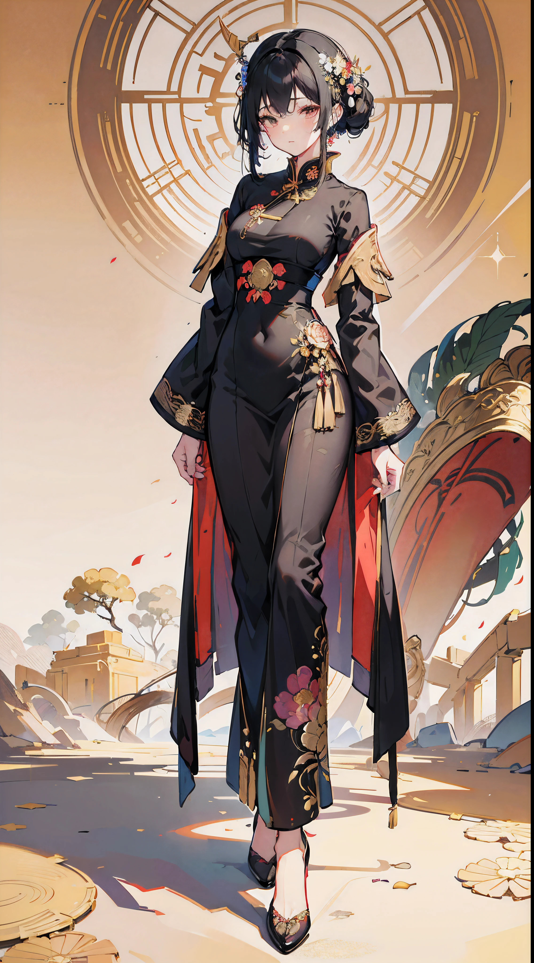 (flat color:1.1), (colorful:1.3), (masterpiece:1.2),  best quality,  masterpiece,  original,  extremely detailed wallpaper, 
ancient costume,  beautiful girl,  qipao,  black hair,  flower decoration,  walking ornament,  luxurious clothing,  fairy aura,  classical,  beautiful.
, masterpiece, best quality, full_body,