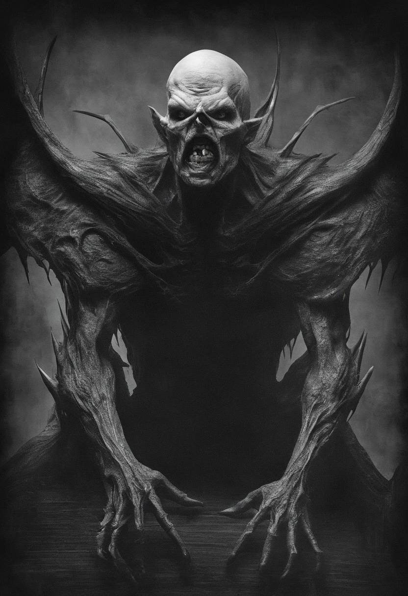 vampire, demon, lucifer, ugly man, unholy, Teeth become longer, Black and white style, heavy grain, High detail, Cinematic composition, Dramaticlight, deformation, super wide shot, Hyperrealistic,photorealestic