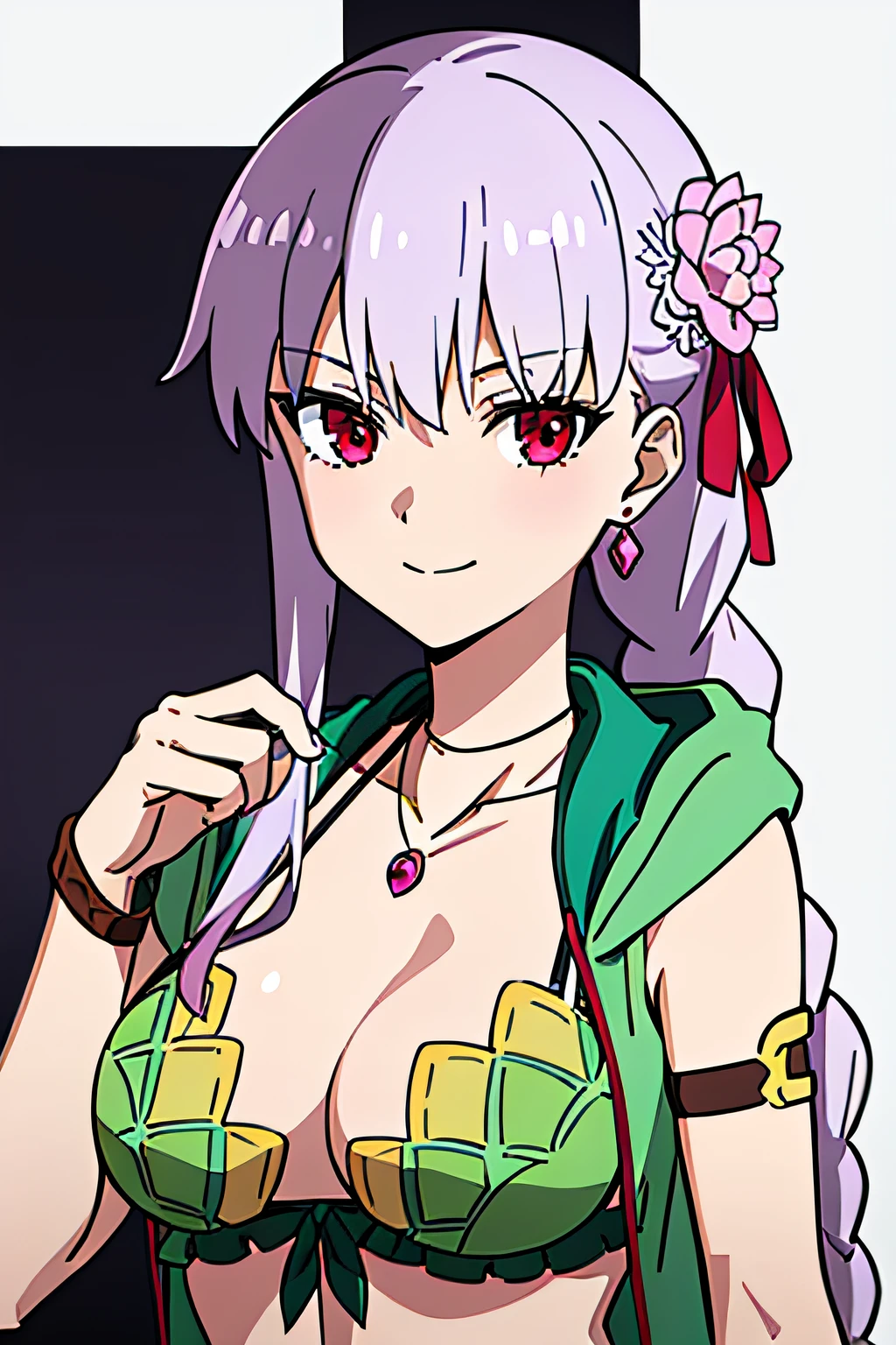 ddkama, long hair, braided ponytail, hair ribbon, pink flower, red eyes, earrings, large breasts, necklace, cleavage, green vest, hood, hoodie, green bikini, armlet, sleeveless, bracelet, 1girl, solo, facing viewer, looking at viewer, upper body, smile,