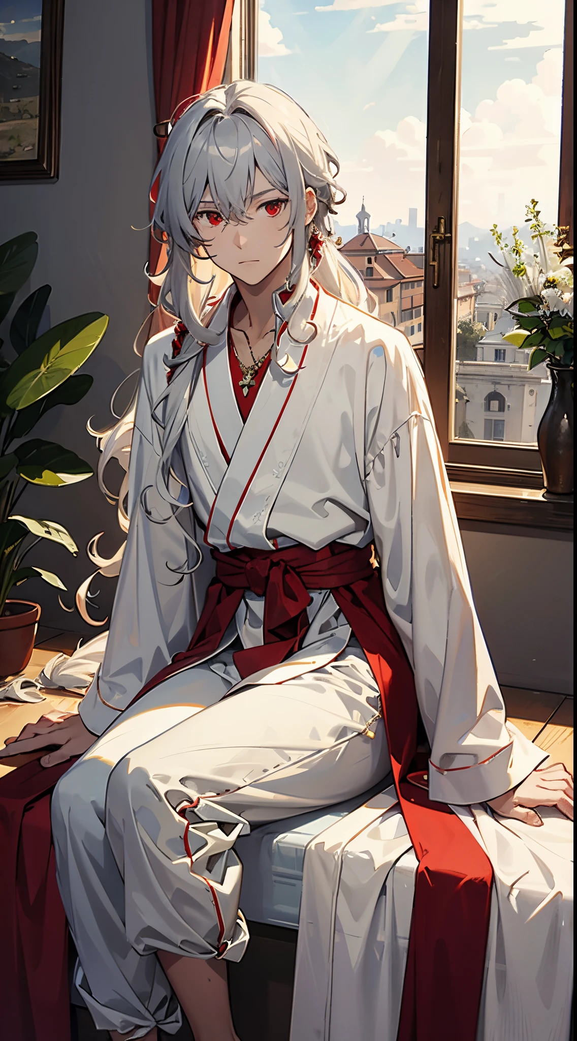 (masterpiece, best quality, high quality), 1boy, ((1guy)), ((unimpressed)), sitting, looking at viewer, white hair, (long hair, disheveled hair), red eyes, :(, flowing hair, curly and wavy hair, wearing a red gemstone pendant, wearing a royal white-coloured silk robe, Full sleeve robe, silk robe, white robe, long robe, long silk pants, young age, staring at viewer, sitting in front of window, giant window behind, Italy view from window, godrays coming from window, close up
