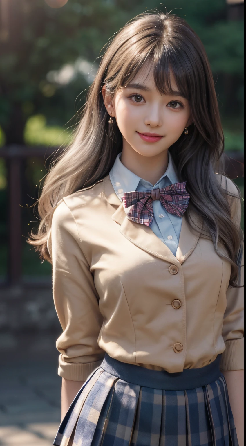 8K, masutepiece, Raw photo, Best Quality, Photorealistic, Highly detailed CG Unity 8k wallpaper, depth of fields, Cinematic Light, Lens Flare, Ray tracing, (Extremely beautiful face, Beautiful lips, Beautiful eyes), intricate detail face, ((Ultra detailed skin)) 1girl in, In the Dark, deepshadow, Pretty Korean girl, ((Looking at Viewer)), (seducting smile), (Blurry background), earrings, Bracelets, To, Clear eyes, Walk in the park, Front shot, Face forward, (Big eyes), ((Schoolgirl Uniform:1.5)), (blazers、a bow tie、Plaid pleated skirt:1.3)、(,  shape), (Silvery head hair:1.3), (Long wavy hair), (G size bust:1.3), ((Smile)), (()),