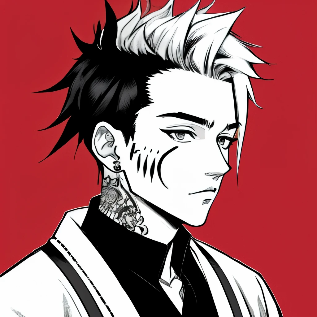 Jujutsu kaisen art style femboy with facial piercings tattoos and an alternative style