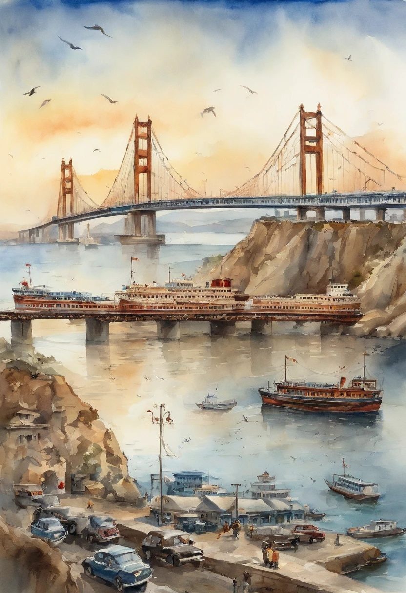 Dalian,Xinghai Bridge,vehicles,steamship,seagulls,8k,illustration