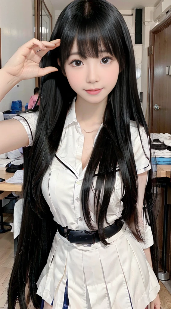 Wearing a white school uniform、brunette arafid asian schoolgirl, Those girls' The avatar is cute and exquisite, The smile is a bit cute, young and lovely Asian face, Young and cute Korean face, Cute and exquisite side face avatar, Beautiful Asian schoolgirl, Gorgeous young Korean schoolgirl, Smile is cute and charming, sweetly laugh, slight smile expression, 8K soft light portrait shooting,8K, Ultra-fine smooth black shampoo,straight, silky black hair,black long straight hair,Silky black hair trembling,Smooth black long straight hair,Her straight, Silky brunette dances non-stop,Smooth black straight hair keeps flying,Extremely smooth straight hair,Super Long Straight Hair,Very soft,black hair color hair, Straight hair one meter long,A Lot of Hair,Hair strands are clearly visible,The hair is thick,Top hair quality,The hair is too smooth,Hair is unusually smooth,The shine of the hair is dazzling,