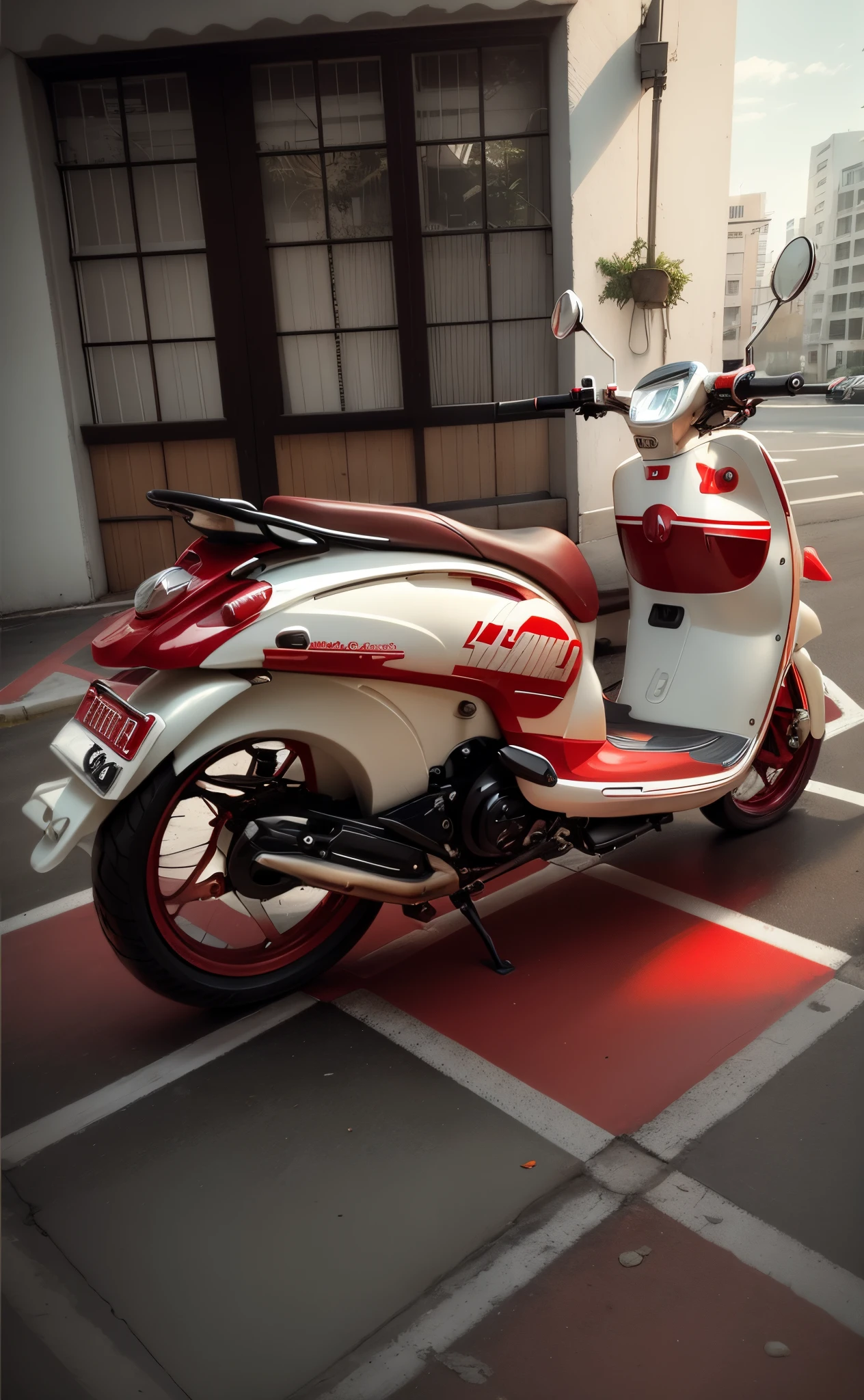 there is a red and white moped parked in front of a building, red and white color theme, custom scooter, simple shape, rear-shot, white and red color scheme, moped, very beautiful masterpiece, red and white color scheme, ( side ) profile, rear shot, white red, looks smart, beautiful masterpiece, sleek design, left profile
