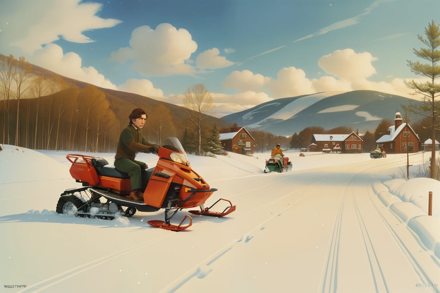 1996, Berkshire County, Massachusetts. Pre-raphaelite scene with winter, snow, snowmobiles approaching a farm, ((Wes Anderson cinematic style)), colorful