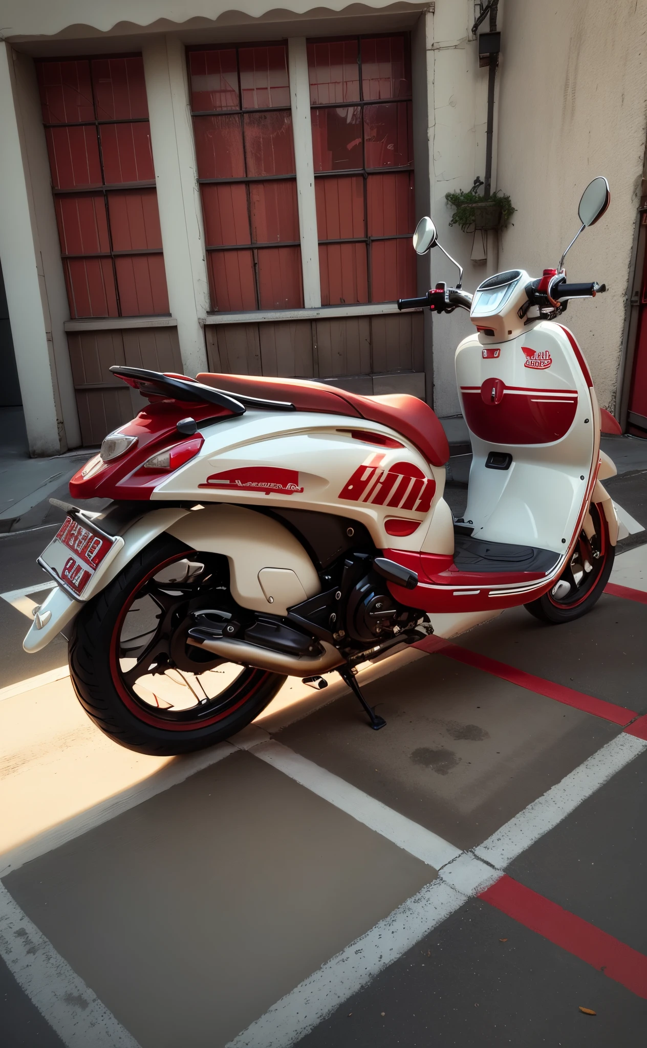 there is a red and white moped parked in front of a building, red and white color theme, custom scooter, simple shape, rear-shot, white and red color scheme, moped, very beautiful masterpiece, red and white color scheme, ( side ) profile, rear shot, white red, looks smart, beautiful masterpiece, sleek design, left profile
