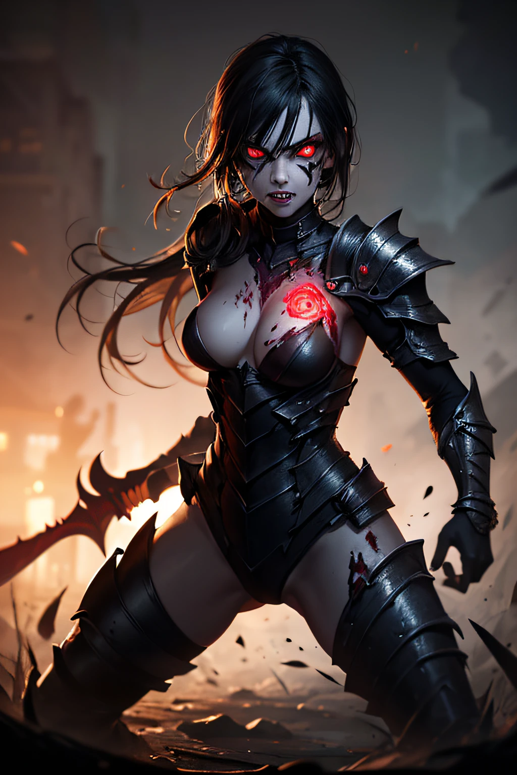 girl, rotting zombie warrior, evil look, sexi,  wielding a spear, demonic armor, facepaint, bodypaint, red glowing eyes, combat stance, vibrant appearance, creative behavior, imaginative, sensual, spontaneous, highest quality, skin texture, intricate details, (cinematic lighting), RAW photo, 8k