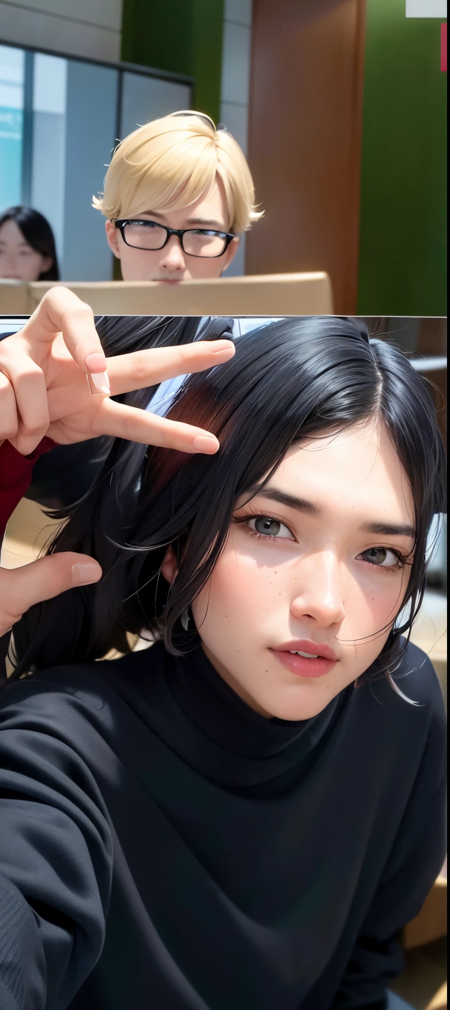 there is a man and woman sitting together in a room, 8k selfie photograph, wave a hand at the camera, shot on nikon z9, selfie!!!!!, selfie photography, front camera, with index finger, from 8 k matte, captured on iphone, with fingers, with kind face, selfie photo, selfie shot straight on angle, pointing at the camera