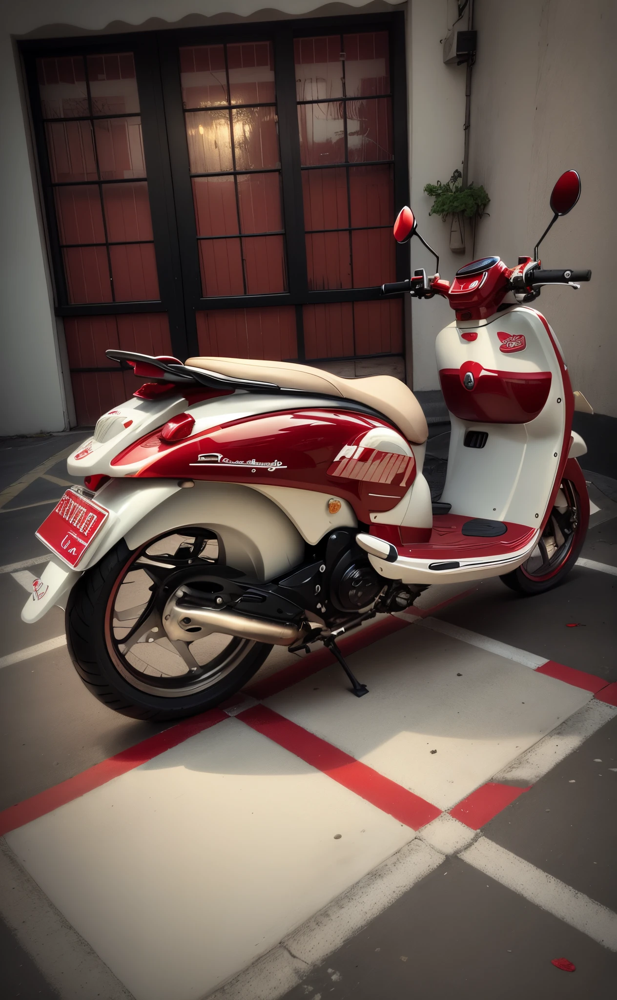 there is a red and white moped parked in front of a building, red and white color theme, custom scooter, simple shape, rear-shot, white and red color scheme, moped, very beautiful masterpiece, red and white color scheme, ( side ) profile, rear shot, white red, looks smart, beautiful masterpiece, sleek design, left profile