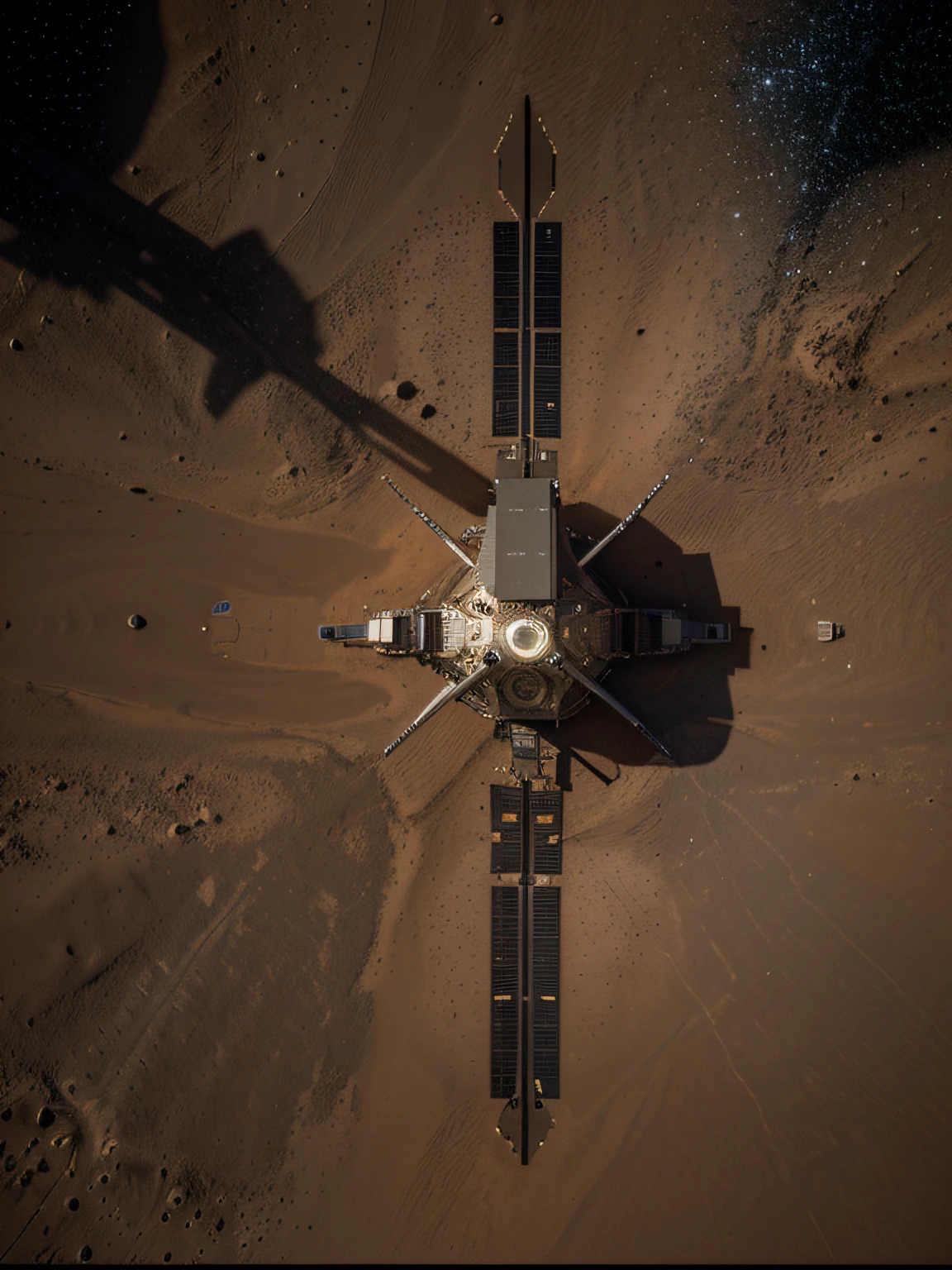 On Mars, a huge cutting-edge machine is at work. Metallic glossy texture, solar panels, astronauts distributed on the Mars ground. Bright picture, robot, starry sky, daytime, exploring vehicle details, super wide angle, bird's eye view, high realism, light and dark