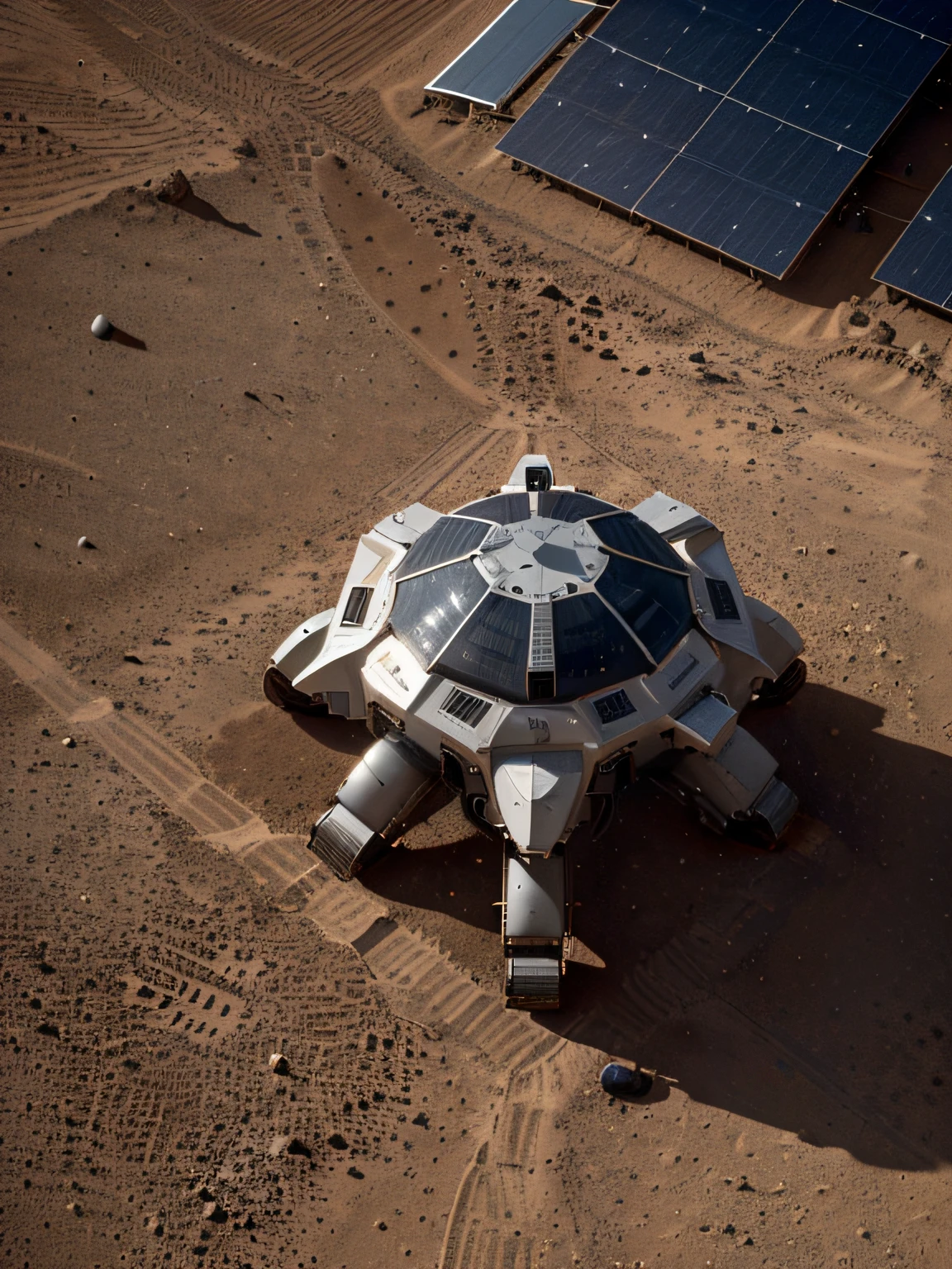 On Mars, a huge cutting-edge machine is at work. Metallic glossy texture, solar panels, astronauts distributed on the Mars ground. Bright picture, robot, starry sky, daytime, exploring vehicle details, super wide angle, bird's eye view, high realism, light and dark