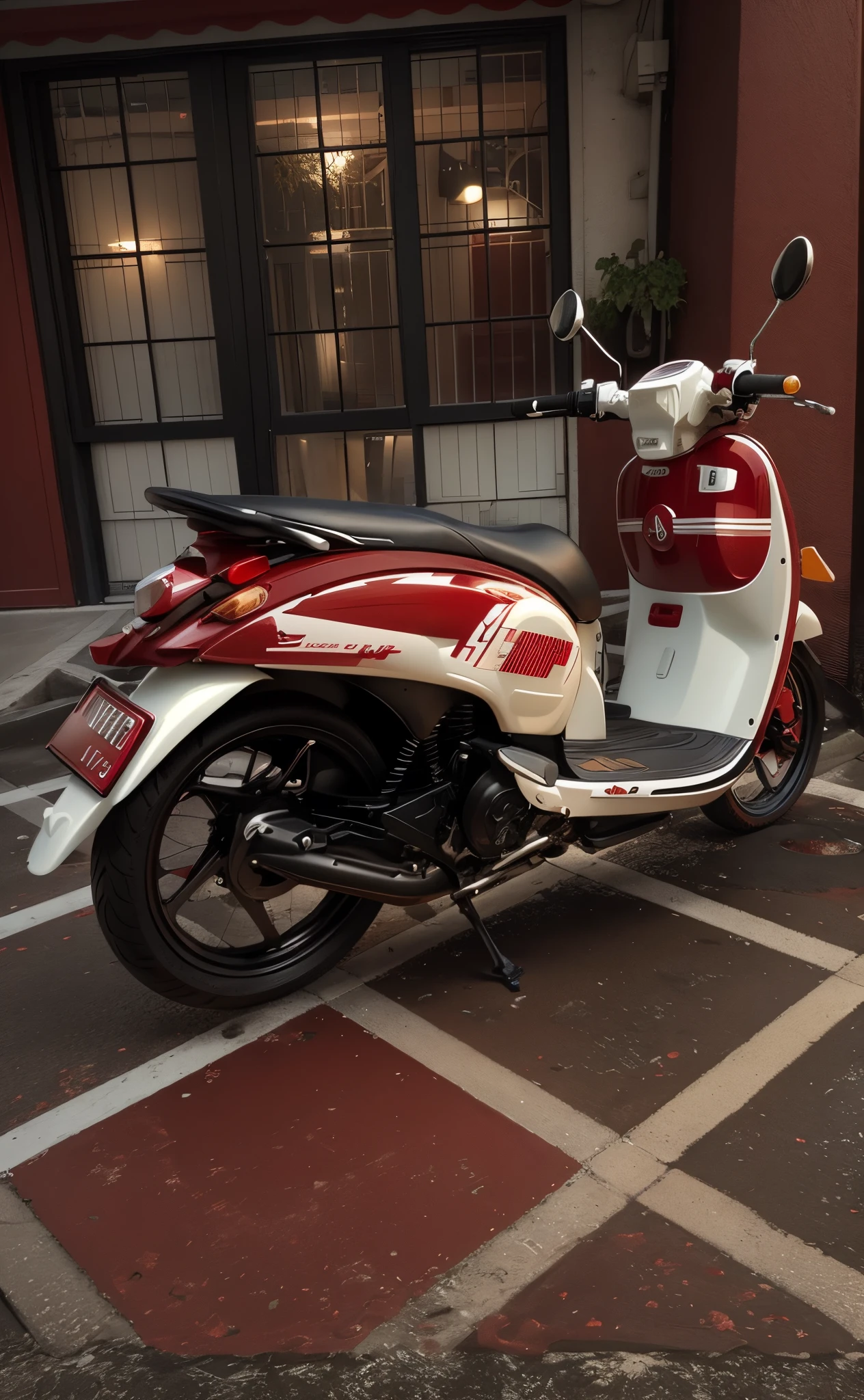 there is a red and white moped parked in front of a building, red and white color theme, custom scooter, simple shape, rear-shot, white and red color scheme, moped, very beautiful masterpiece, red and white color scheme, ( side ) profile, rear shot, white red, looks smart, beautiful masterpiece, sleek design, left profile