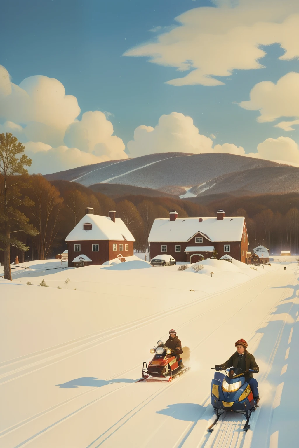1996, Berkshire County, Massachusetts. Pre-raphaelite scene with winter, snow, snowmobiles approaching a farm, ((Wes Anderson cinematic style)), colorful