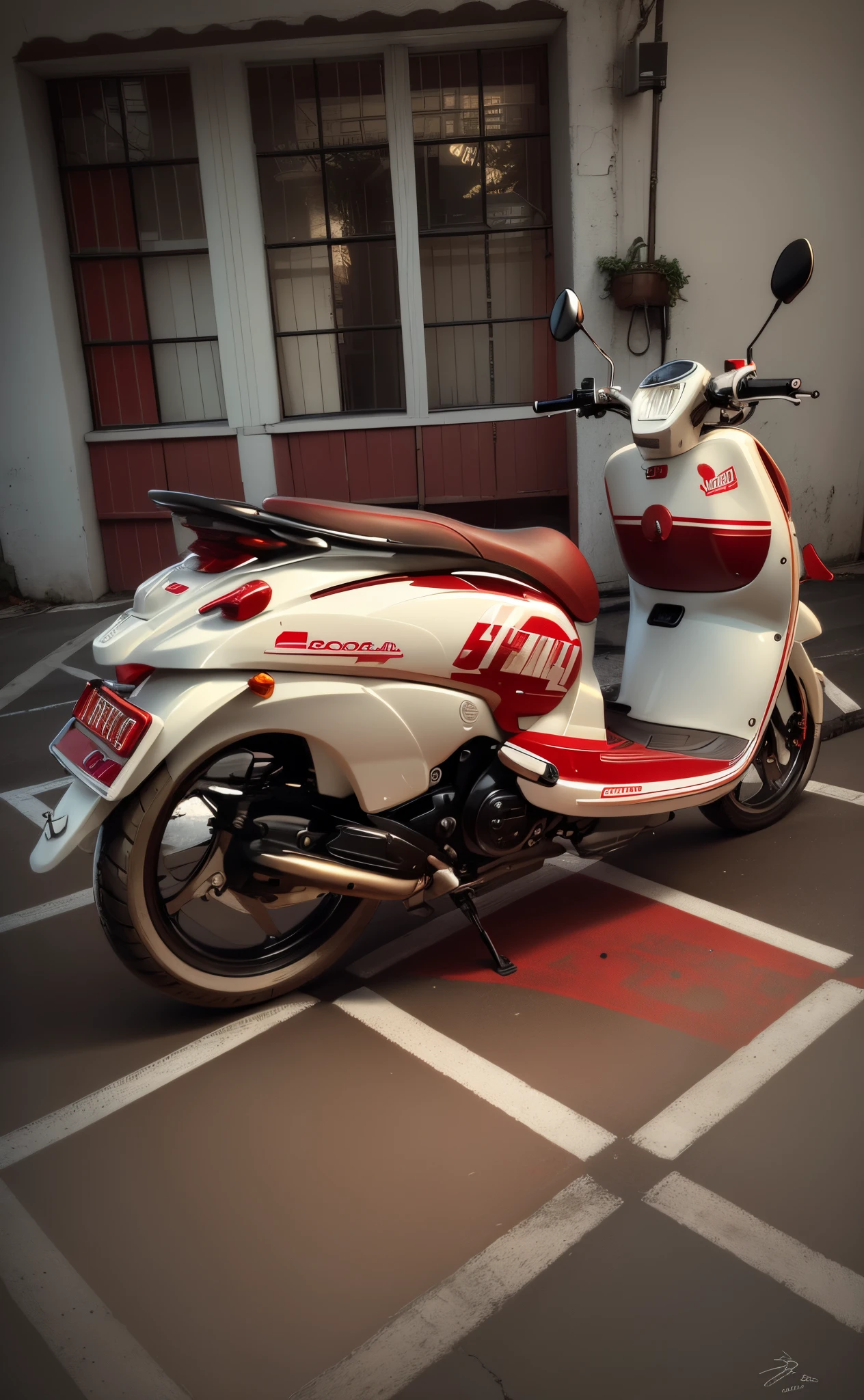 there is a red and white moped parked in front of a building, red and white color theme, custom scooter, simple shape, rear-shot, white and red color scheme, moped, very beautiful masterpiece, red and white color scheme, ( side ) profile, rear shot, white red, looks smart, beautiful masterpiece, sleek design, left profile, check background