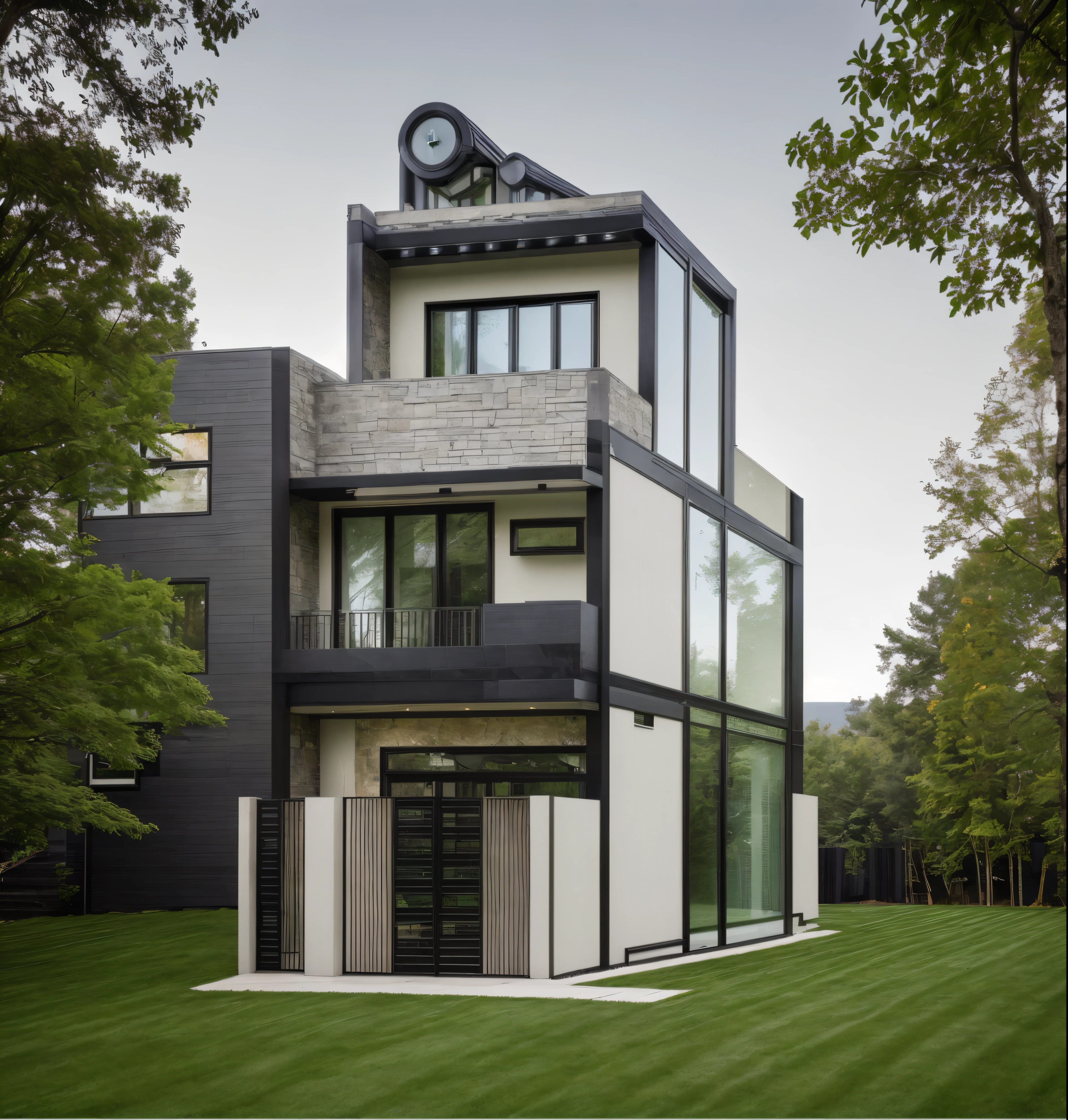 Modern house exterior, stone cladding combined with steel, stone railings, glass windows, beautiful landscape with trees, green grass, white and black color scheme