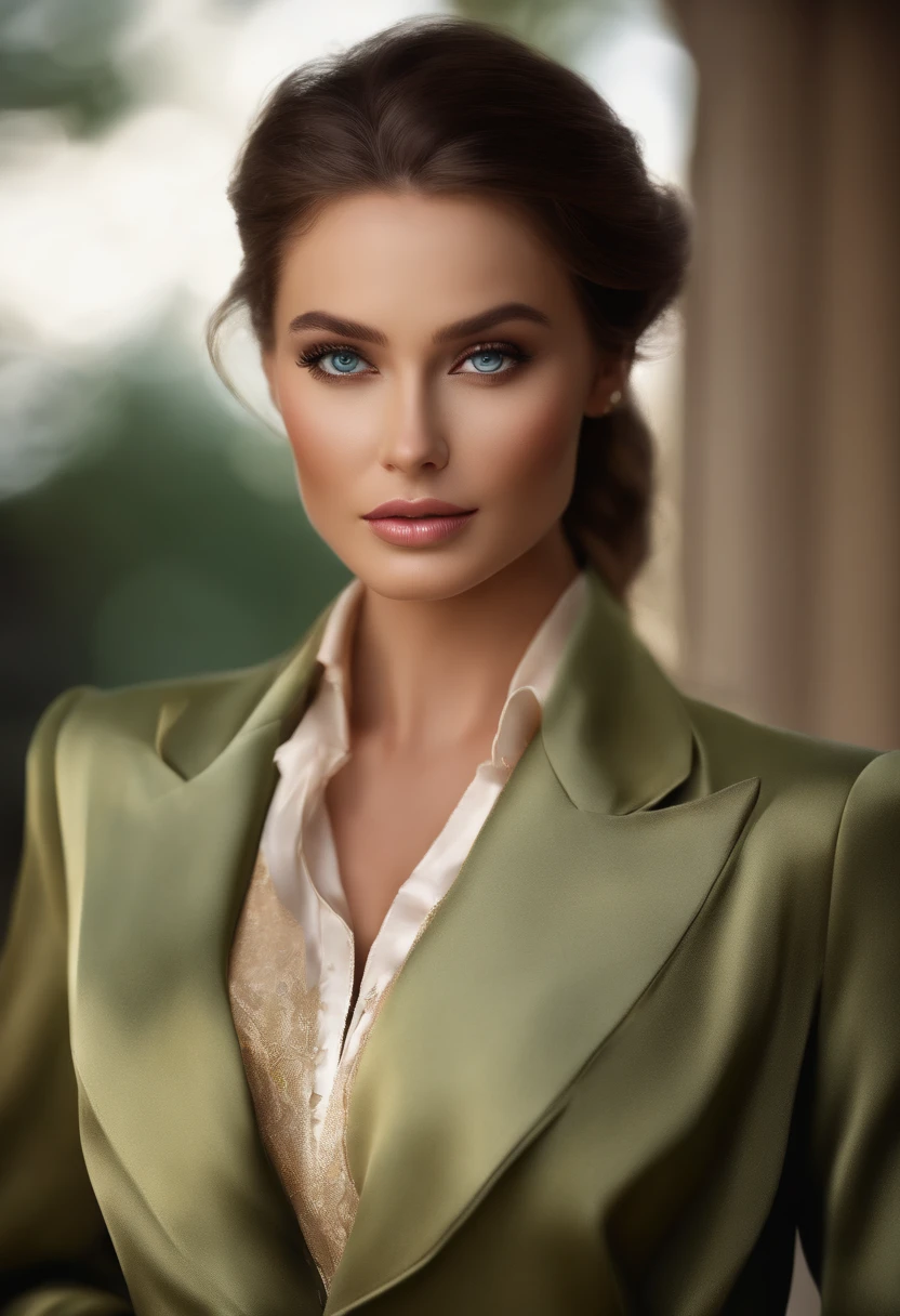 A close up of a woman in a green jacket and white shirt - SeaArt AI