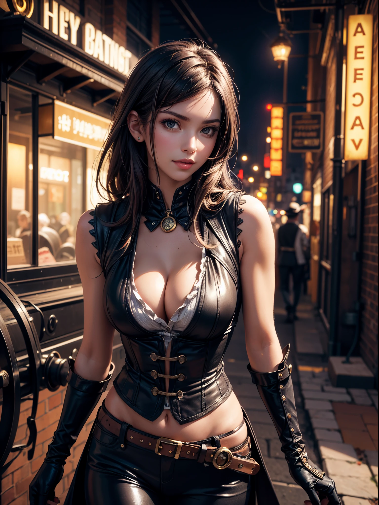 (​masterpiece), (top-quality), (victorian steampunk theme,victorian steampunk style),extremely detailed, best quality, ultra-realistic,high-resolution, dynamic angle, dynamic pose, (1girl), Adriana Lima as a Stunningly beautiful steampunk courtesan, glass goggles, leather gloves, brass buttons, waistcoat, corset, top hat, mechanical arm, brass watch, intricate clockwork, cogwheels, steam-powered engine, vintage machinery, dirty and worn, sepia tone., ,(realistic:1.5),  dark_brown hair, tanned, tattoos,  (cleavage:1.2), sexy, sensual, hazel eyes, smiling, sexy pose, athletic, looking at viewer, eye contact, detailed steampunk metropolis in background, night time, neon lights, evening, dynamic pose, action pose, alluring, seductive_pose, natural lights, cleavage, athletic body, medium breasts, upper body, mid shot, masterpiece, detailed, mature, bright colors, high saturation, stunningly beautiful girl, precise hands, determined expression, serious, courageous, brave, Clear eyes, Shining eyes,, ultra-definition, Top resolution,  soft lightning