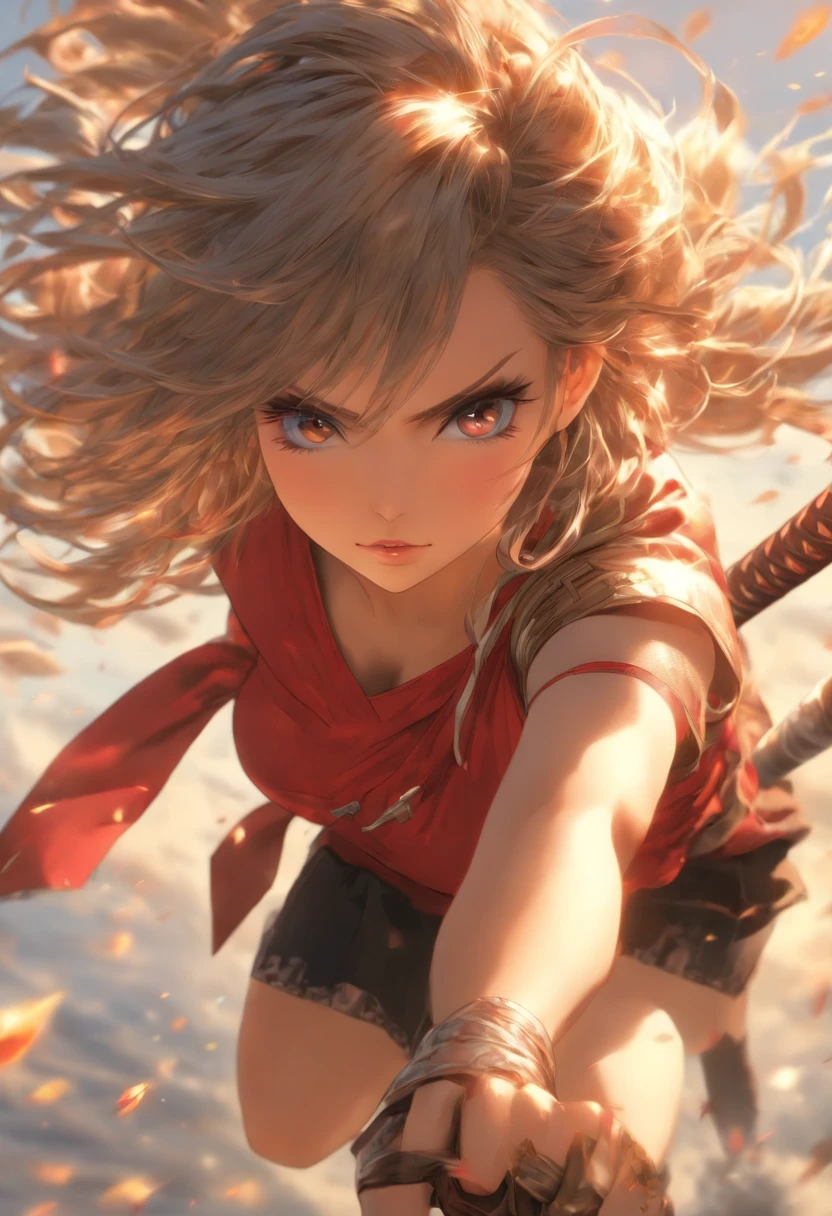 masterpiece、top-quality、High-quality images、hight resolution、8K、1lady、detaileds、Detailed eye depiction、Photorealsitic、skin gloss、Lustrous hair、colourfull、portlate、((Very Short Bob、poneyTail、Hair disheveled in the wind、Narrow-eyed、rather thick lips、Beautiful well-groomed face、tiny body:1.42))、full body Esbian、 ((crimson military uniform、Black miniskirt、Black sheer stockings、glares、Kamimei、sharp gaze:1.35))((Sprint、Sense of speed、Run-up、Forward leaning position、Approach with one jump:1.45))((One sword、i'I'll swing down with all my might:1.5))((Grayscale background:1.3))