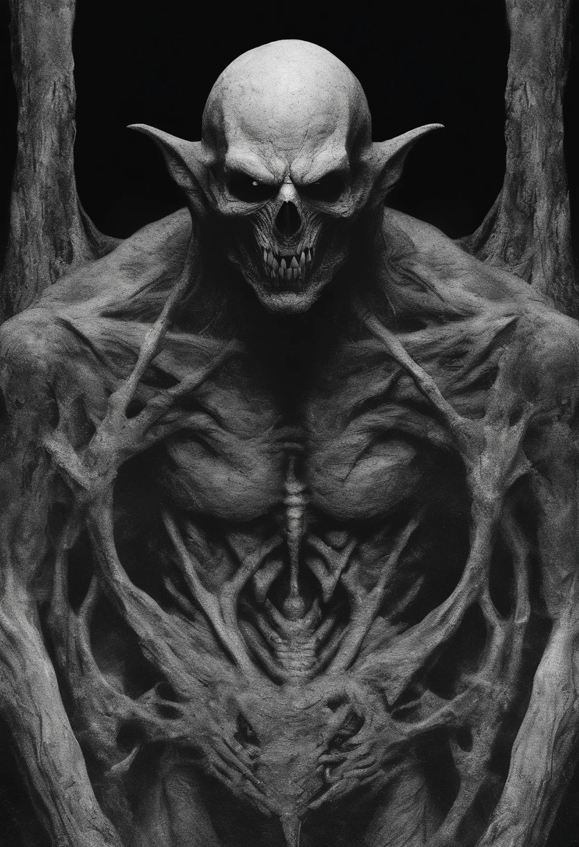 vampire, demon, lucifer, ugly man, unholy, Teeth become longer, Black and white style, heavy grain, High detail, Cinematic composition, Dramaticlight, deformation, super wide shot, Hyperrealistic,photorealestic