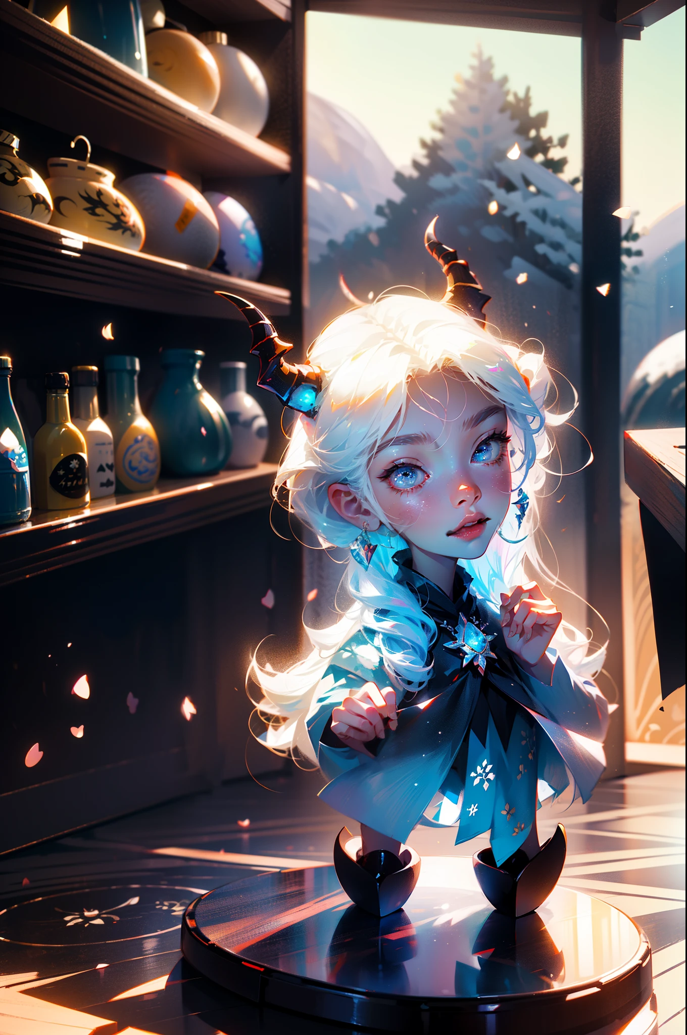 white backgroundpop mart style, blind box.3D rendering,clay material, full body, A cute girl with dragon horns on her head, wearing flowinghanfu, sweet smile, shiny snow white hair, bigbright blue eyes --auto --s2