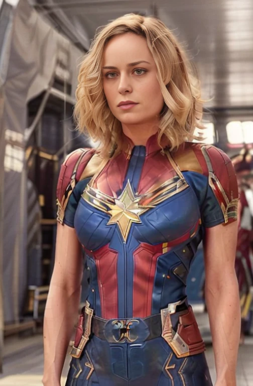 paparazzi shot of SCANTILY CLAD (Brie Larson) ((braless)), medium hair, full body portrait, wearing captain marvel outfit, sexy, cleavage, breasts showing